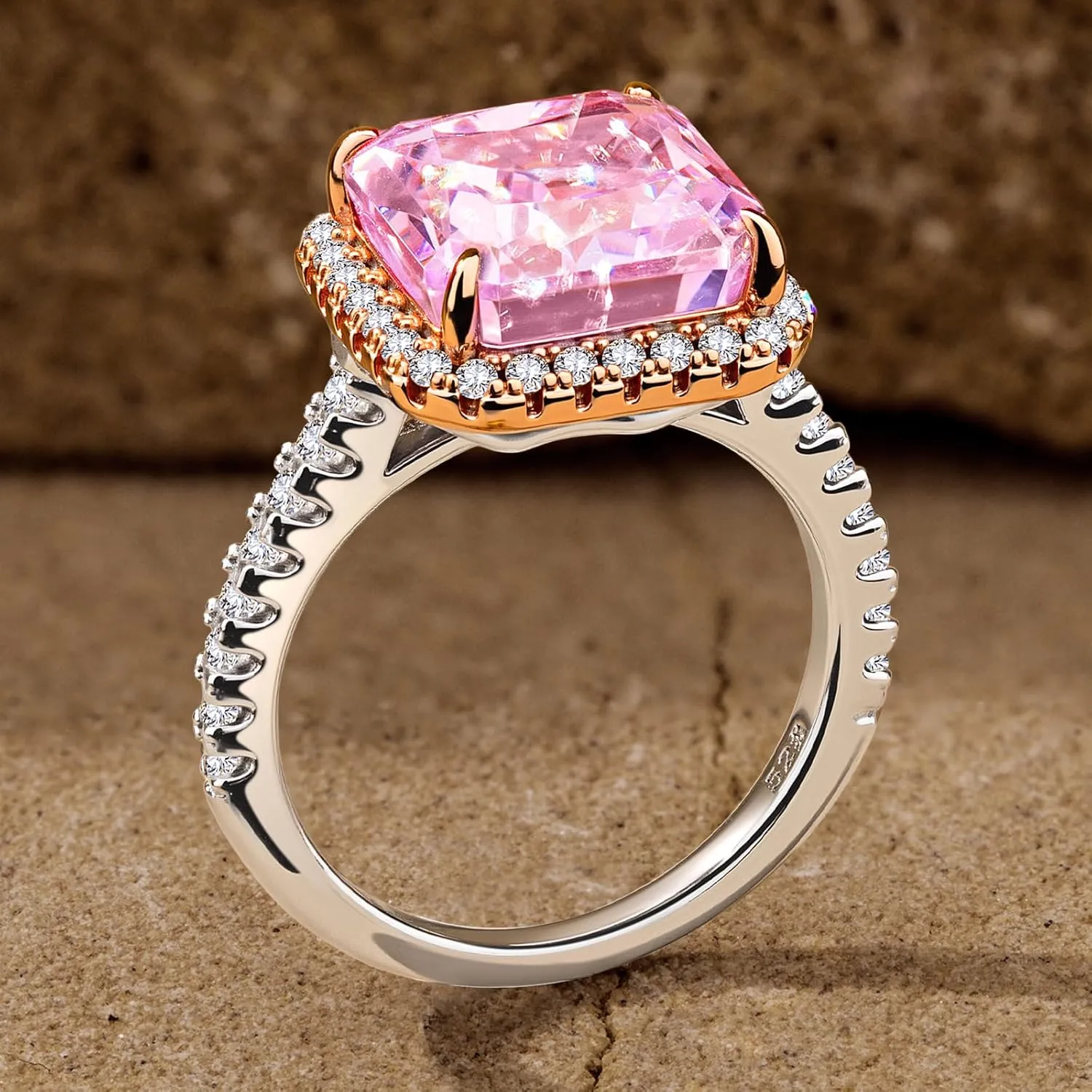 GONA 5CT Pink Cubic Zirconia Ring Solitaire Halo Crushed Anniversary Engagement Wedding Promise Tarnish-Resistant Silver Rings Ice Gemstone Clear Radiant Cut 5A 10 * 10MM for Woman Various Festivals