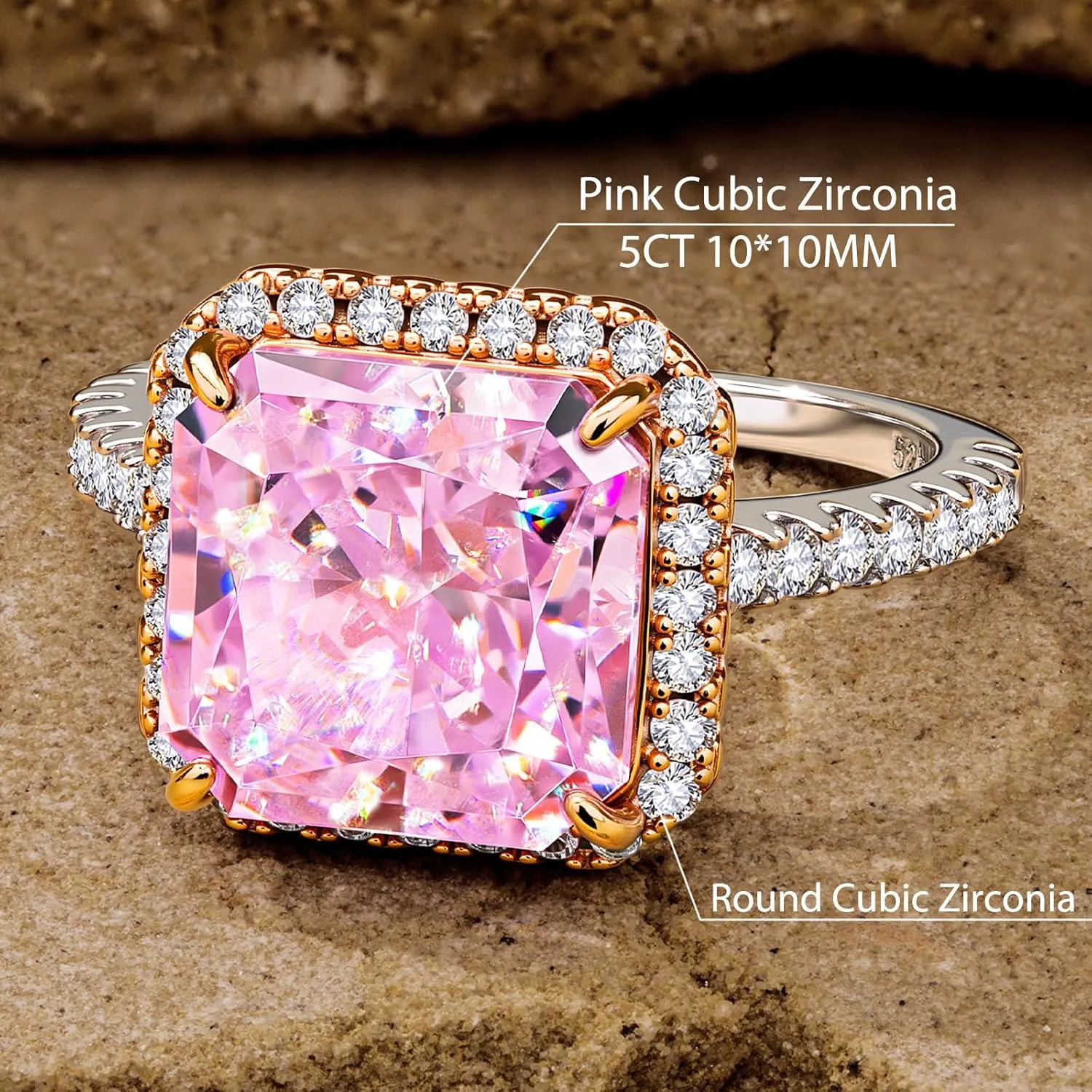 GONA 5CT Pink Cubic Zirconia Ring Solitaire Halo Crushed Anniversary Engagement Wedding Promise Tarnish-Resistant Silver Rings Ice Gemstone Clear Radiant Cut 5A 10 * 10MM for Woman Various Festivals