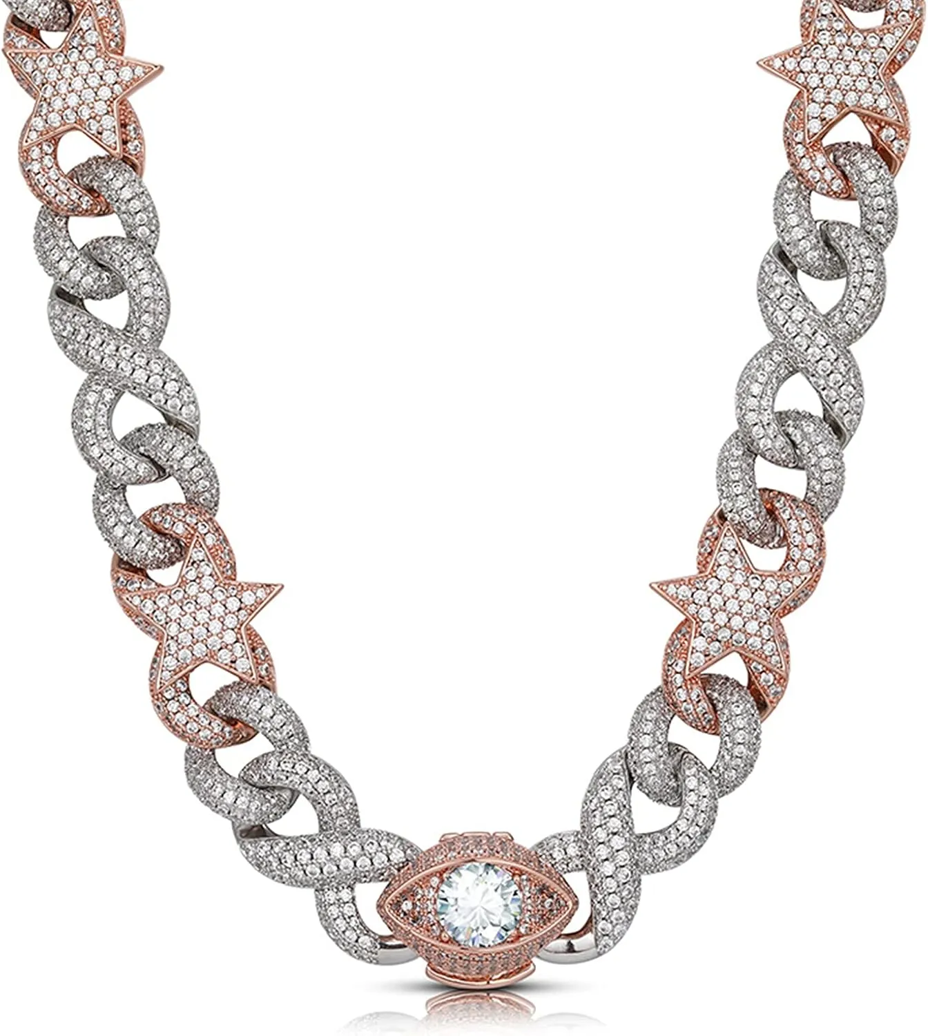 ICEDIAMOND Dual Tone Trendy Stars Infinity Horus Eye Cuban Link Chain Necklace, 16''/18''/20'' Iced Out Bright CZ Diamonds Hip Hop Jewelry for Men Women