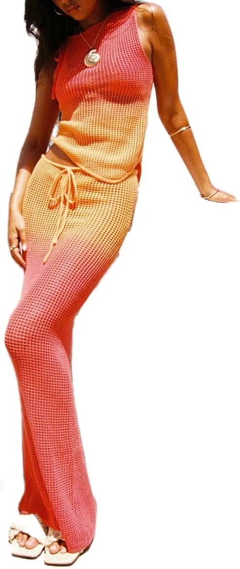 Juakoso Women Crochet 2 Piece Outfits Crochet Hollow Out Skirt Set Slim Crop Top High Waist Split Maxi Skirt Knit Beach Set
