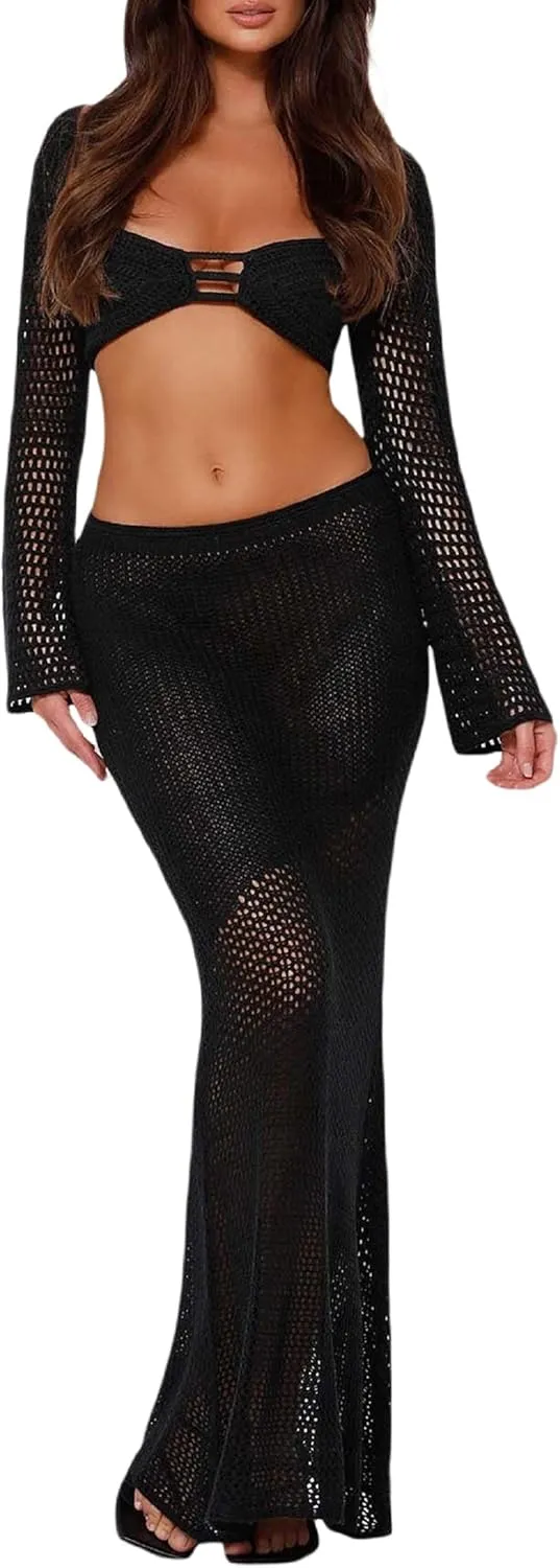 Juakoso Women Crochet 2 Piece Outfits Crochet Hollow Out Skirt Set Slim Crop Top High Waist Split Maxi Skirt Knit Beach Set