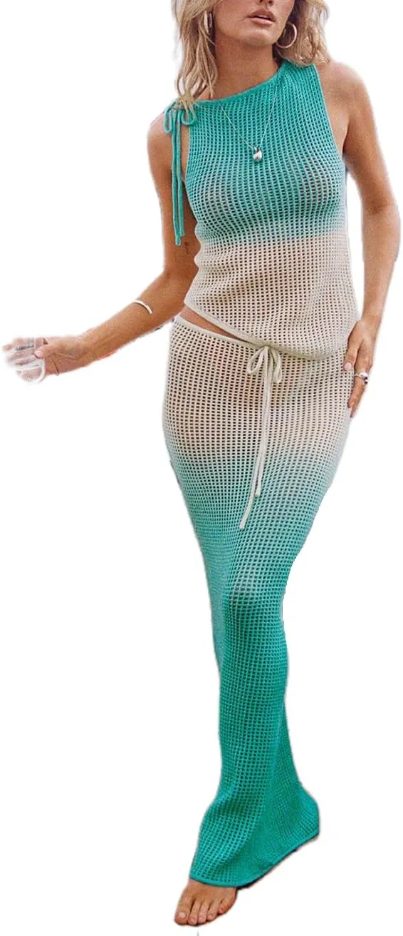 Juakoso Women Crochet 2 Piece Outfits Crochet Hollow Out Skirt Set Slim Crop Top High Waist Split Maxi Skirt Knit Beach Set