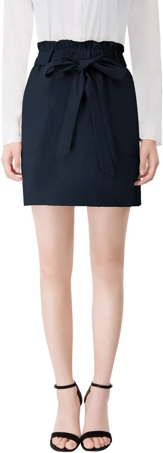 KANCY KOLE Women's Casual High Waist A Line Skirt Paper Bag Elastic Waist Short Skirt with Pockets S-XXL