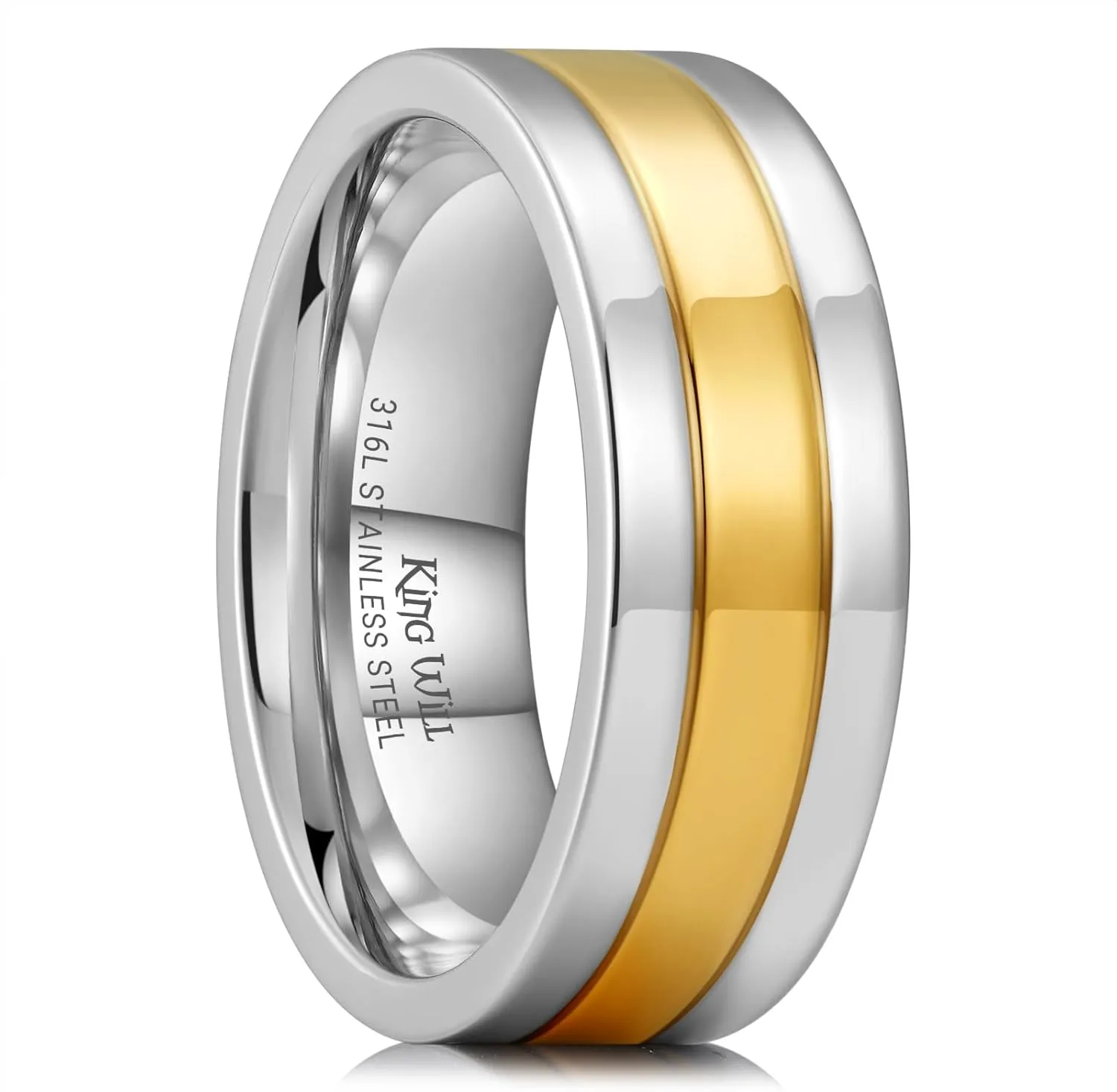 King Will 316L Stainless Steel Men's Wedding Band  6/8 mm Dual-Tone Wedding Ring Polished Finish with Gold/Black Steel Plating, Fashionable and Durable Stainless Steel Men's Ring Size 7-14