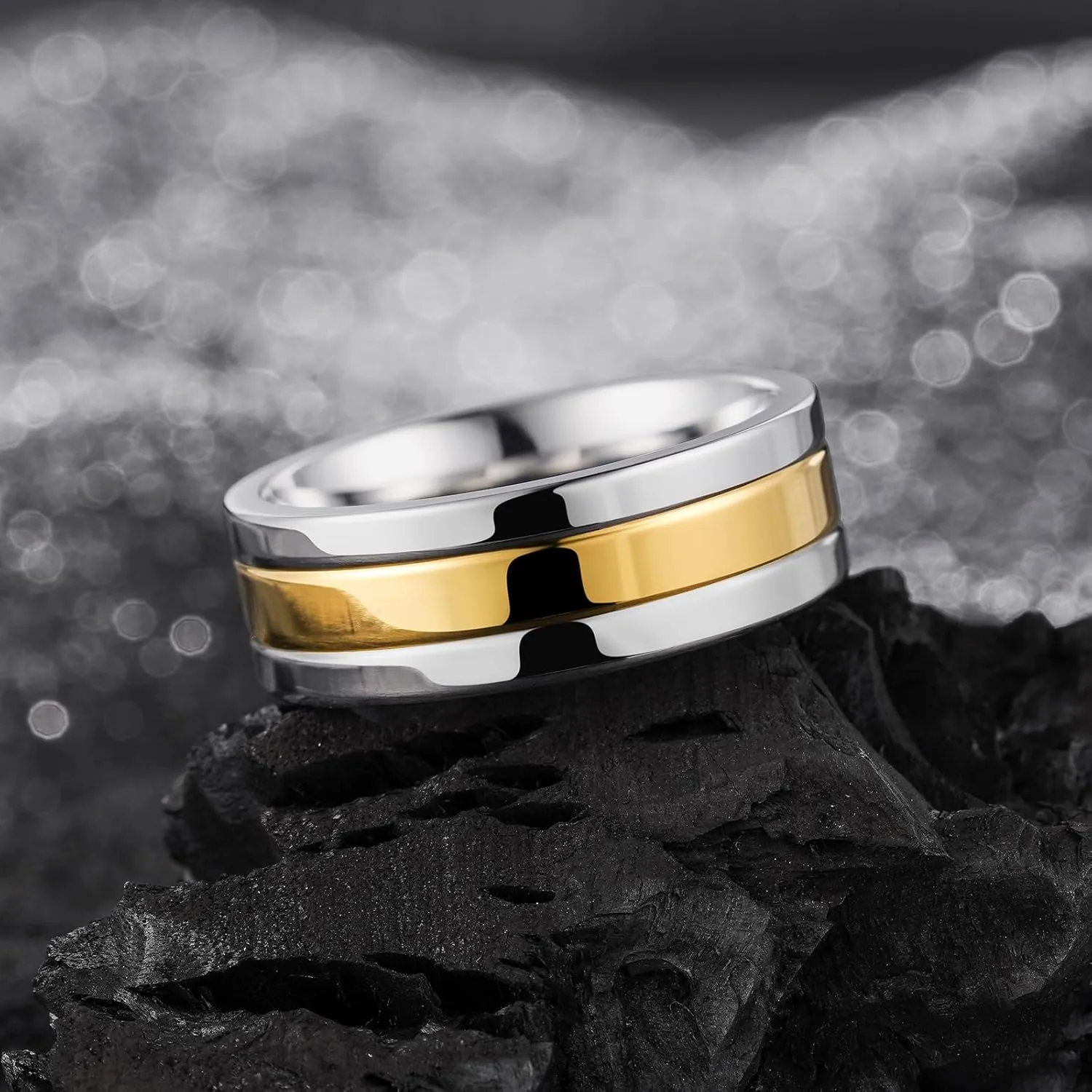 King Will 316L Stainless Steel Men's Wedding Band  6/8 mm Dual-Tone Wedding Ring Polished Finish with Gold/Black Steel Plating, Fashionable and Durable Stainless Steel Men's Ring Size 7-14