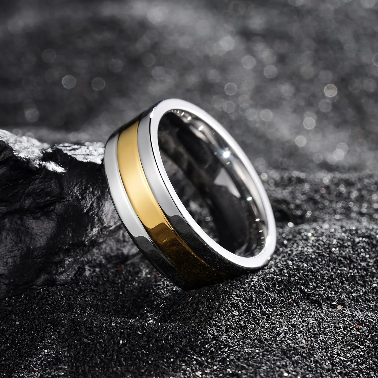 King Will 316L Stainless Steel Men's Wedding Band  6/8 mm Dual-Tone Wedding Ring Polished Finish with Gold/Black Steel Plating, Fashionable and Durable Stainless Steel Men's Ring Size 7-14