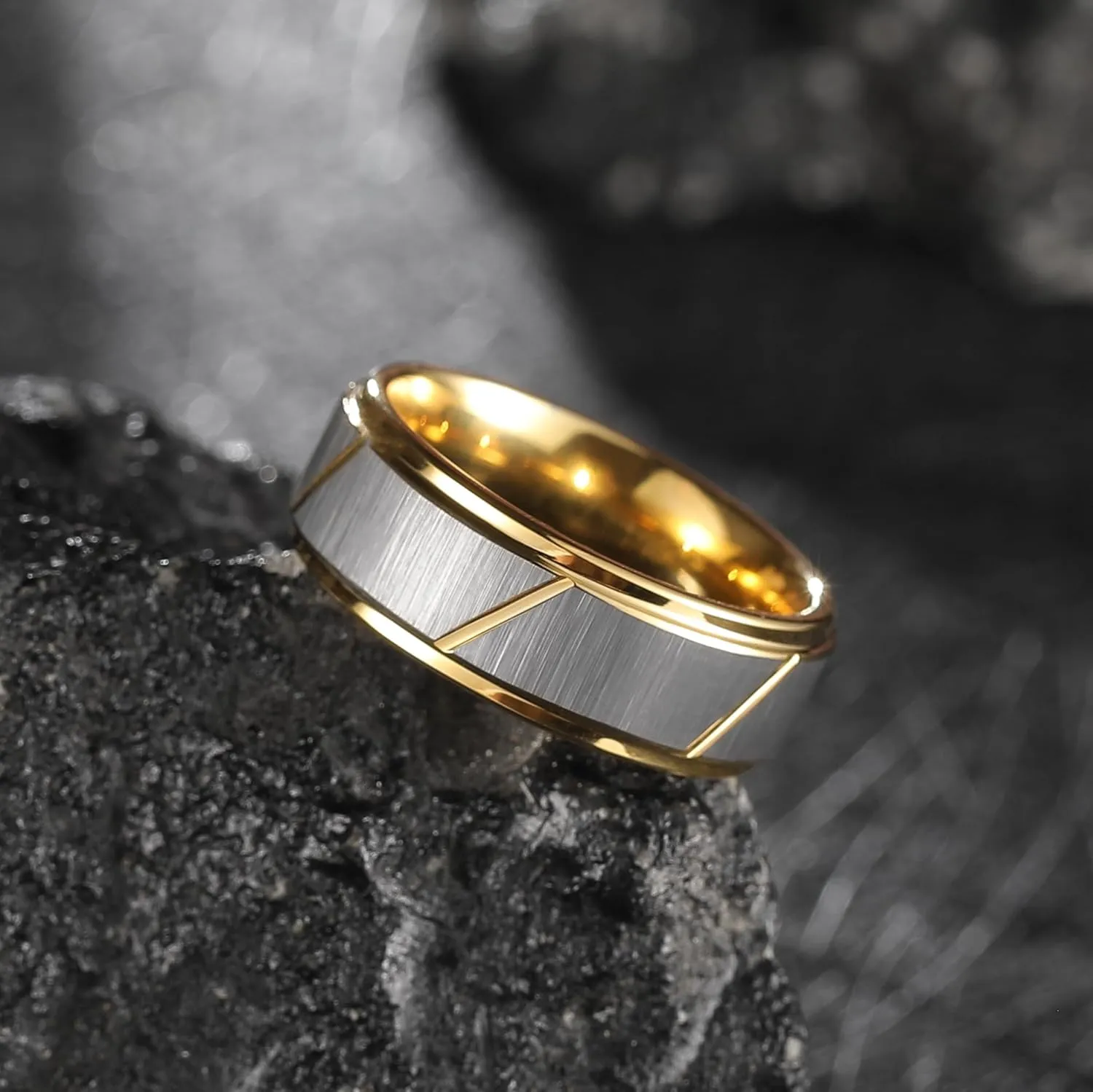 King Will Men's Tungsten Carbide Wedding Band, 7mm 8mm Men Wedding Ring Dual Tone Brushed/High Polished with Unique Grooves Laser - Comfort Fit Size 7-14