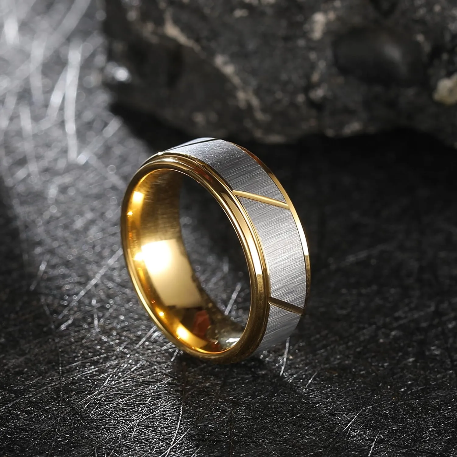 King Will Men's Tungsten Carbide Wedding Band, 7mm 8mm Men Wedding Ring Dual Tone Brushed/High Polished with Unique Grooves Laser - Comfort Fit Size 7-14