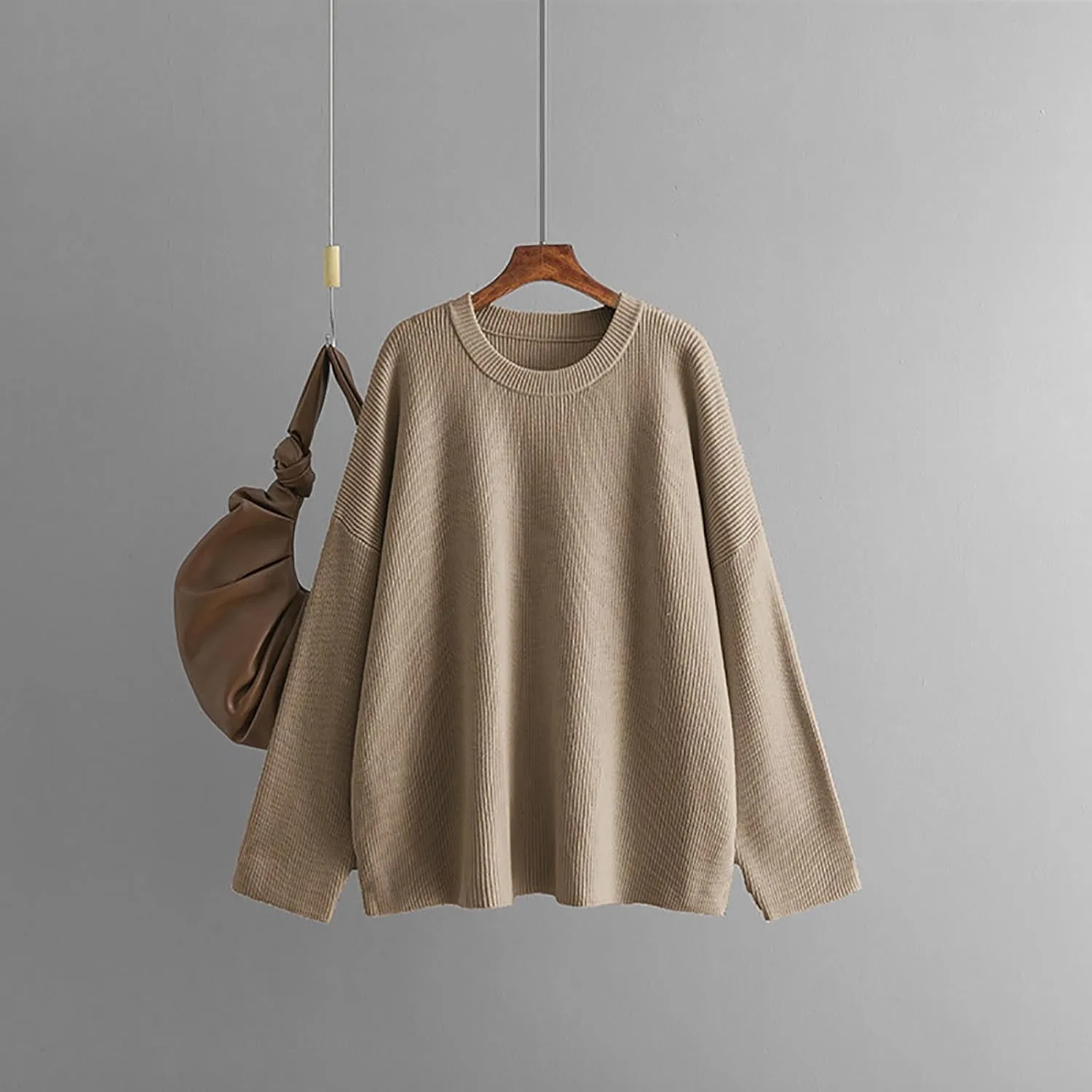 Knit Fall Sweaters for Women 2024 Plain Long Sleeve Tops Casual Loose Oversized Sweatshirt Crew Neck Pullover Shirt