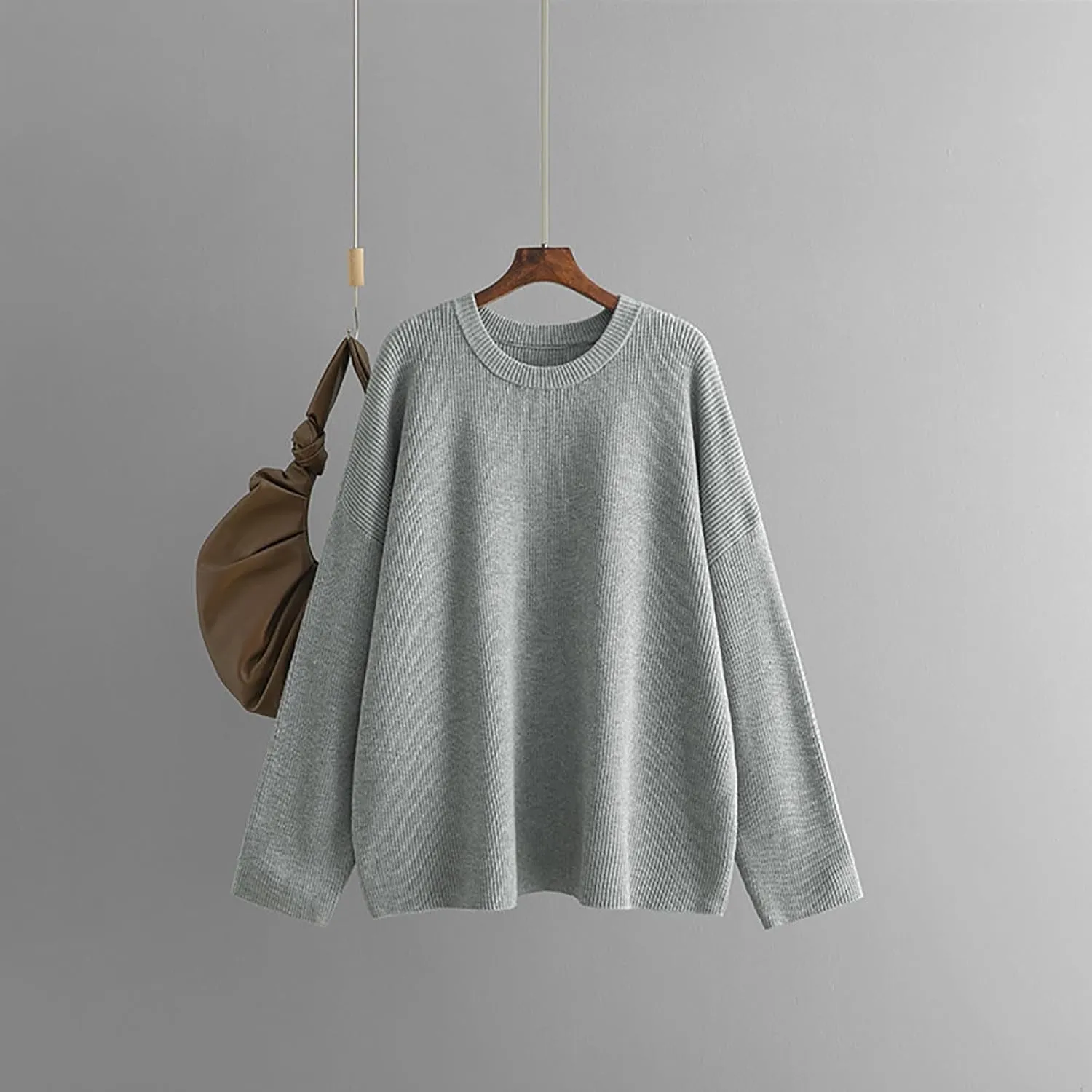 Knit Fall Sweaters for Women 2024 Plain Long Sleeve Tops Casual Loose Oversized Sweatshirt Crew Neck Pullover Shirt