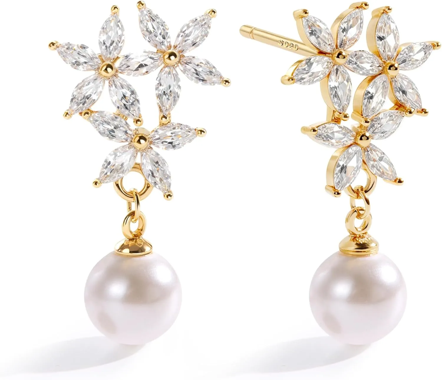 KRFY 1 Pairs Pearl Drop Earrings 925 Sterling Silver Post 16K Gold Plated Stud Earrings for Women Trendy Dangle CZ Pearl Jewelry