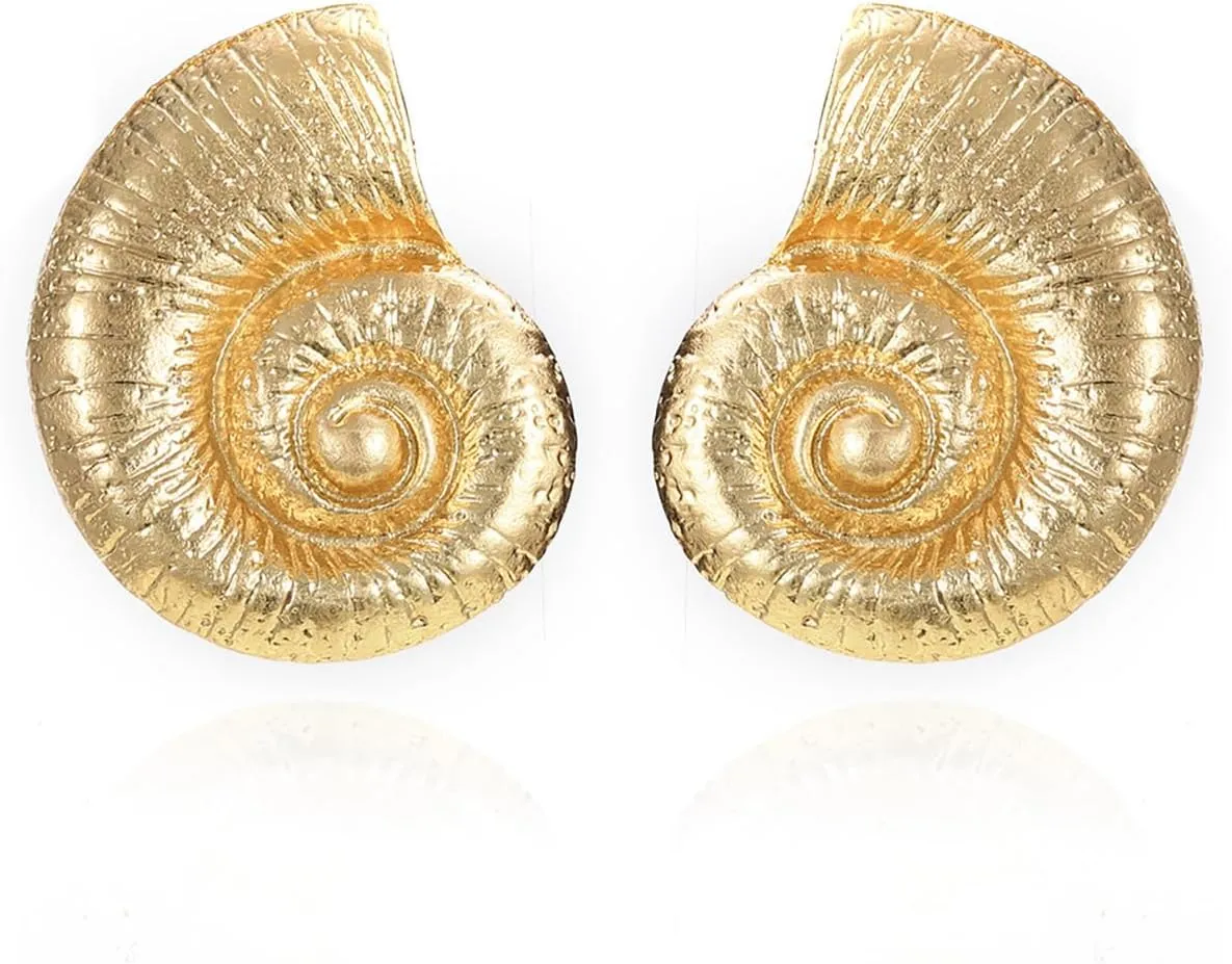 Large Conch Shell Gold Plated Dangle Drop Earrings for Women Unisex Long Seashell Beachy Ocean Mermaid Earrings Vacation Holiday Cosplay Costume Earrings Statement Boho Jewelry(conch gold)