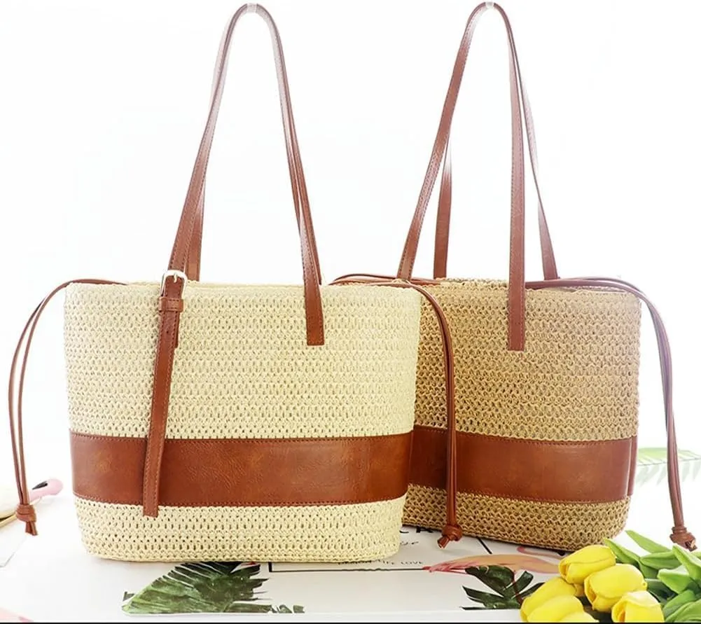 Large Straw Beach Bags for Womens Summer Beach Straw Shoulder Handbag Woven Tote Bag With Zipper