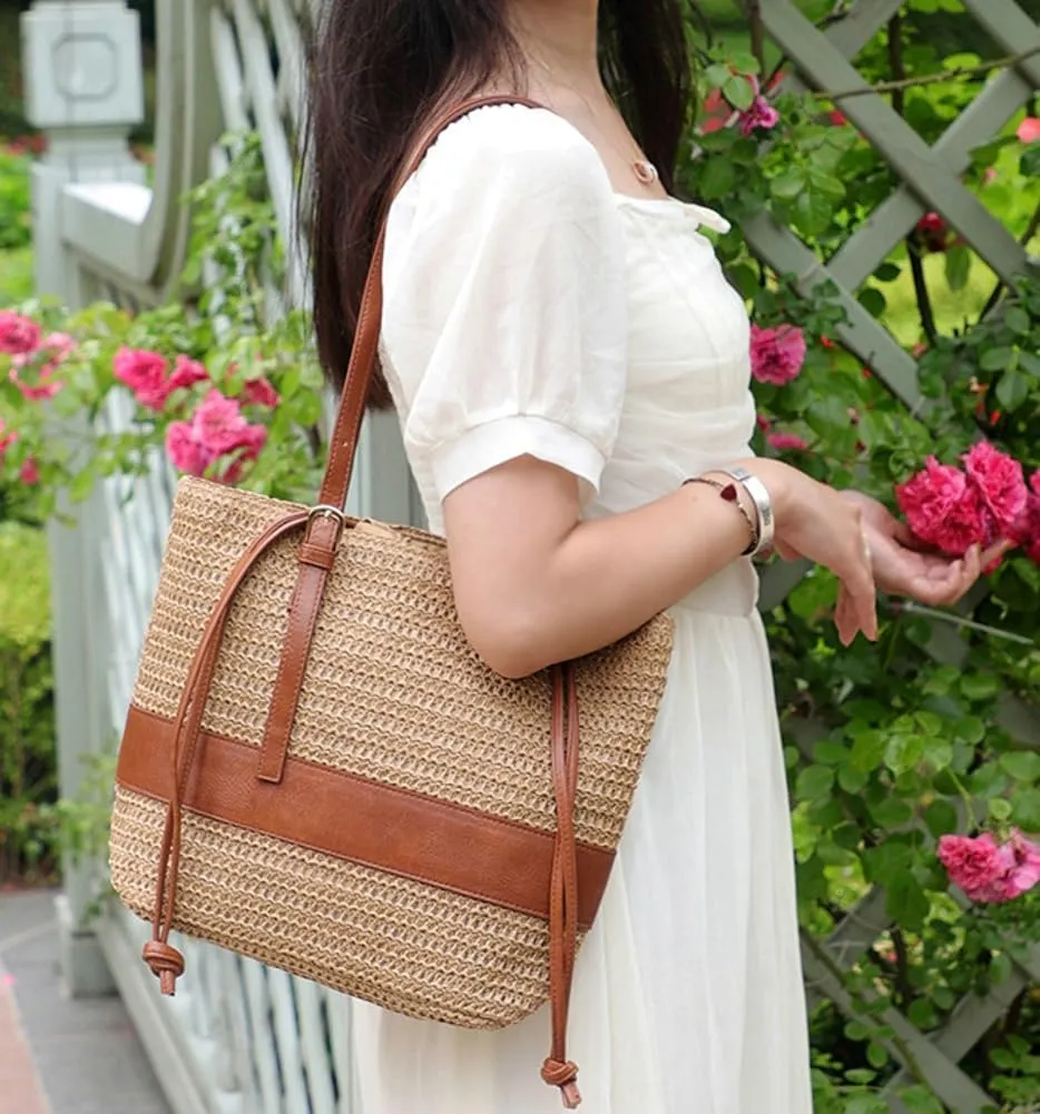Large Straw Beach Bags for Womens Summer Beach Straw Shoulder Handbag Woven Tote Bag With Zipper