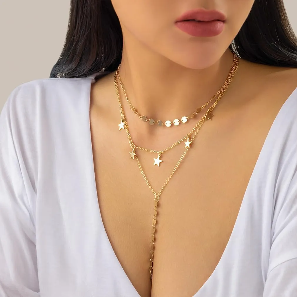 Long Layered Star Disc Y Necklace for Women Unique Sequin Five-Pointed Stars Choker Gold Silver Statement Lariat Necklace Stackable Costume Prom Jewelry