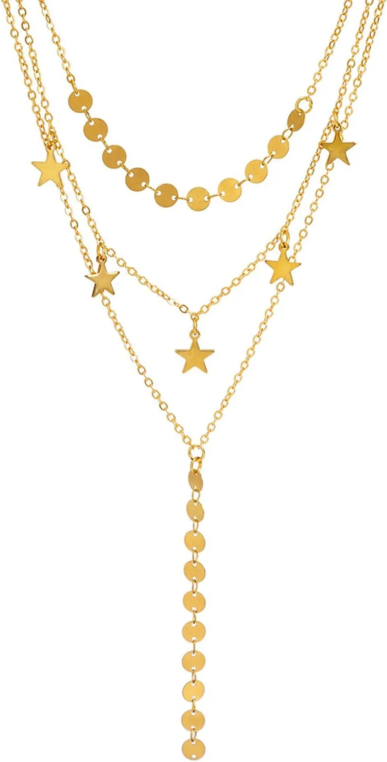 Long Layered Star Disc Y Necklace for Women Unique Sequin Five-Pointed Stars Choker Gold Silver Statement Lariat Necklace Stackable Costume Prom Jewelry