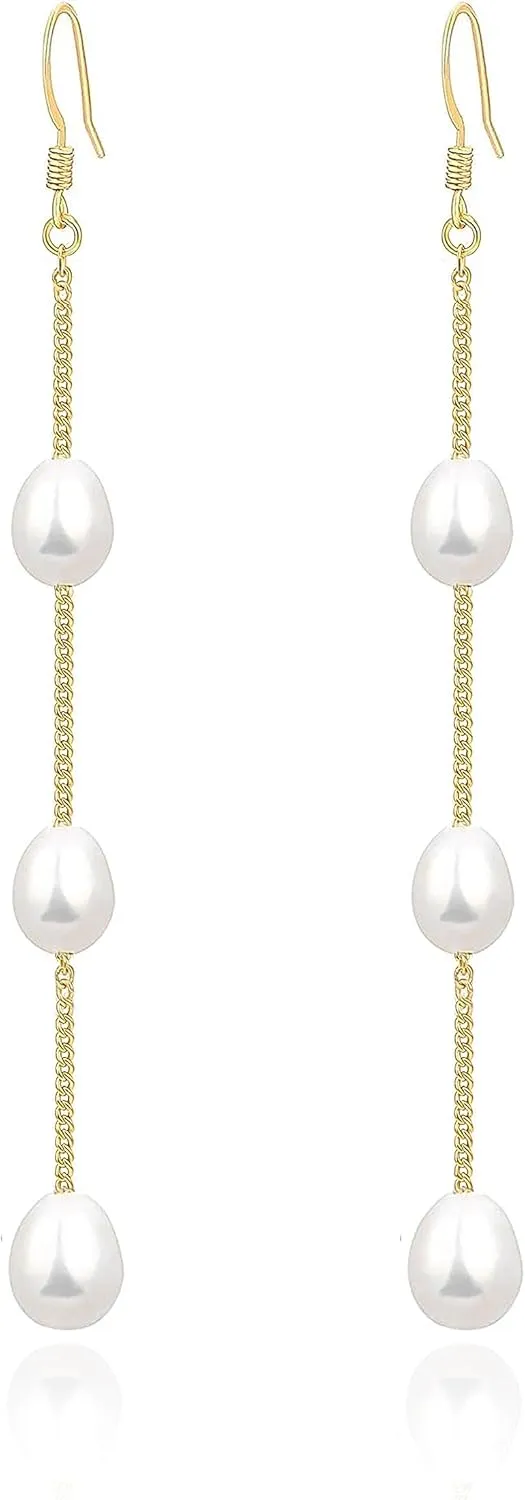 Long Pearl Earrings for Women 925 sterling silver Pearl Dangle Earrings Hypoallergenic Elegant Wedding Pearl Tassel Earrings for Bridal Christmas Gift