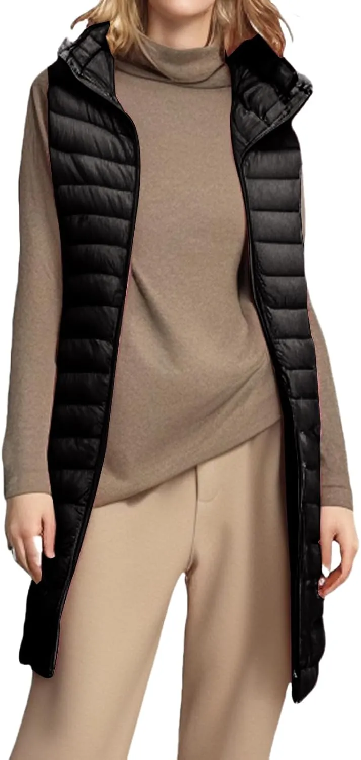 Long Puffer Vest Women Solid Color Sleeveless Jacket Zip Up Stand Collar Down Vest Winter Lightweight Quilted Jacket