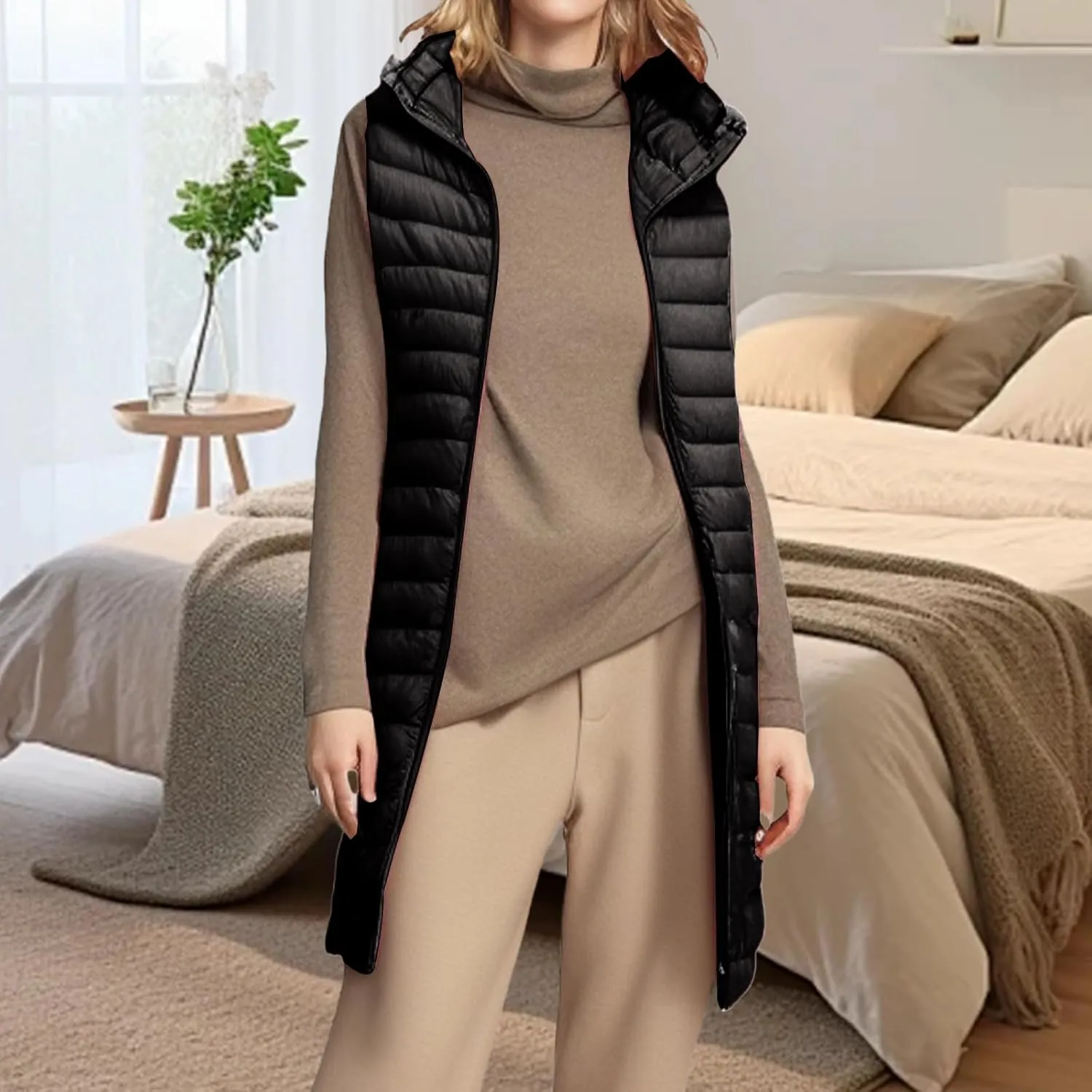 Long Puffer Vest Women Solid Color Sleeveless Jacket Zip Up Stand Collar Down Vest Winter Lightweight Quilted Jacket