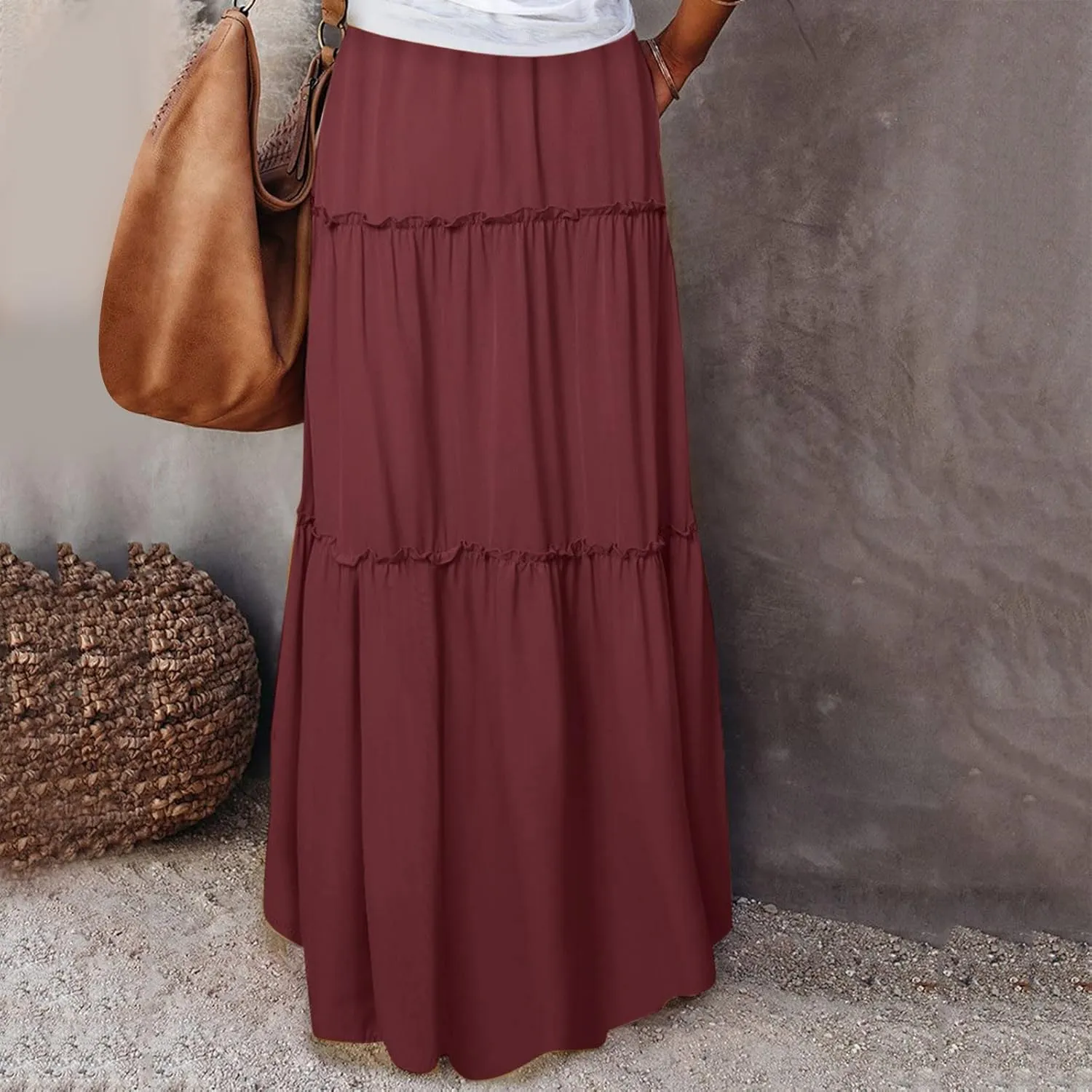 Long Skirts for Women Floral Print Boho Maxi Skirt Elastic High Waist Pleated Ruffle Flowy Swing Maxi Skirt with Pockets