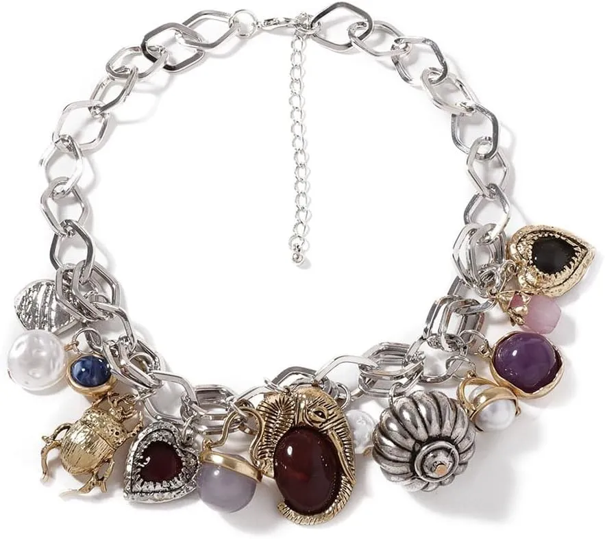LUREME Vintage Chunky Gold & Silver Alloy Necklace - Gemstone, Insect, Heart & Pearl Charm Choker for Women (nl006364)