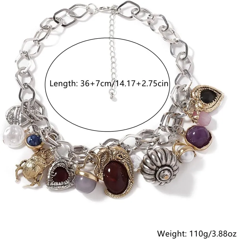 LUREME Vintage Chunky Gold & Silver Alloy Necklace - Gemstone, Insect, Heart & Pearl Charm Choker for Women (nl006364)