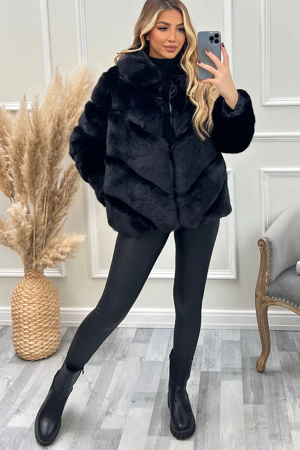 Malina Black Faux Fur Collared Coat