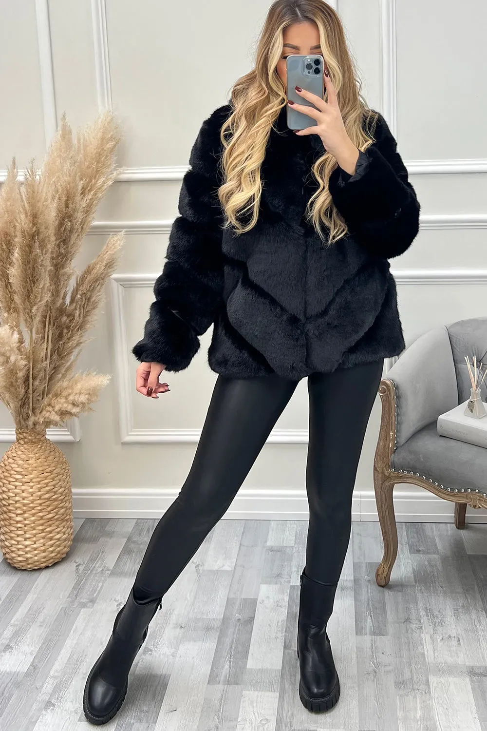 Malina Black Faux Fur Collared Coat