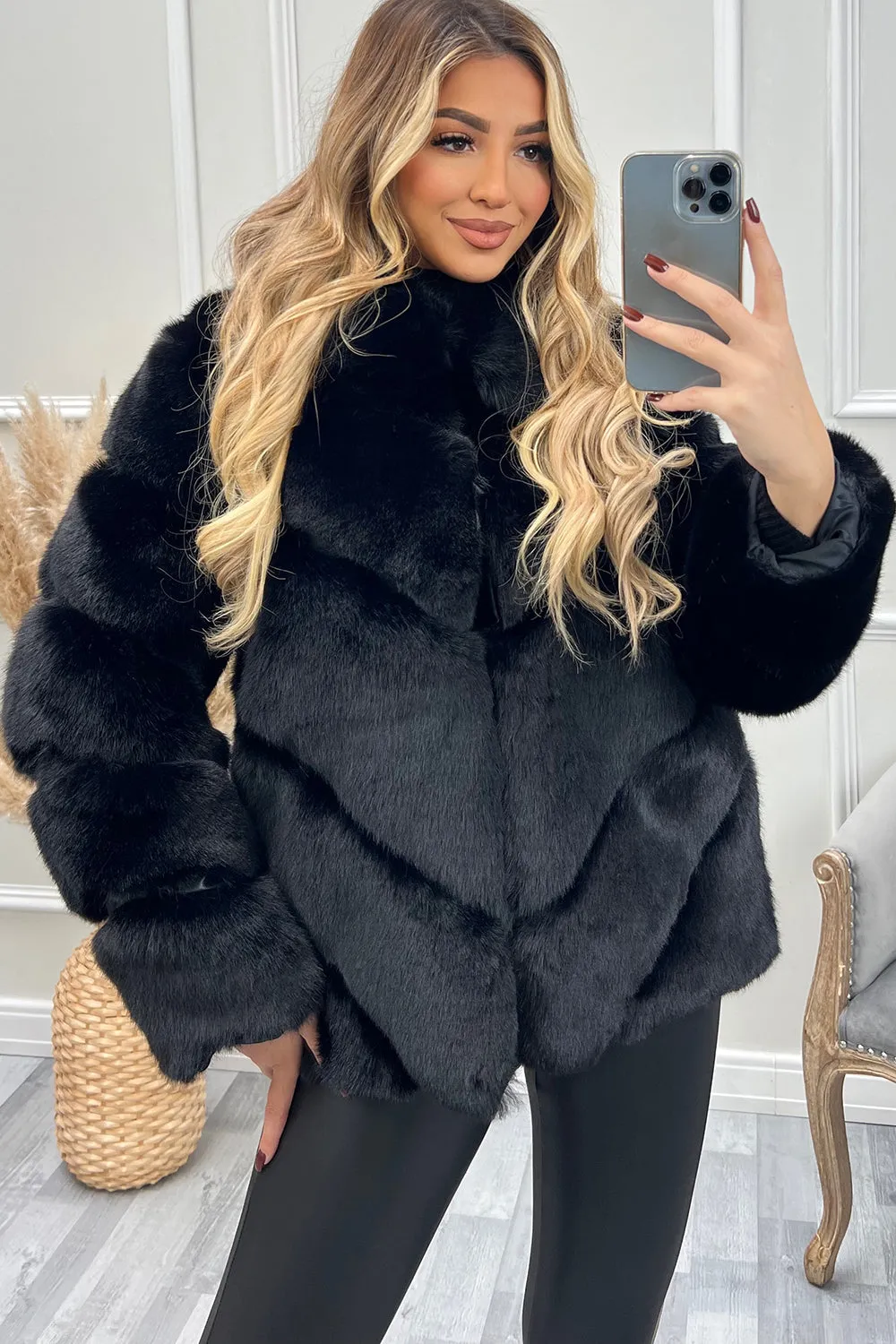 Malina Black Faux Fur Collared Coat
