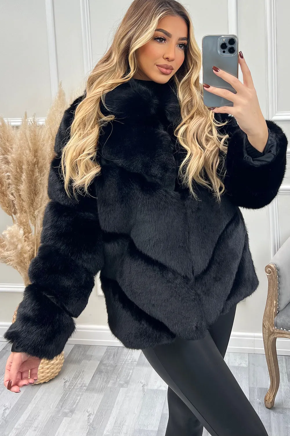 Malina Black Faux Fur Collared Coat