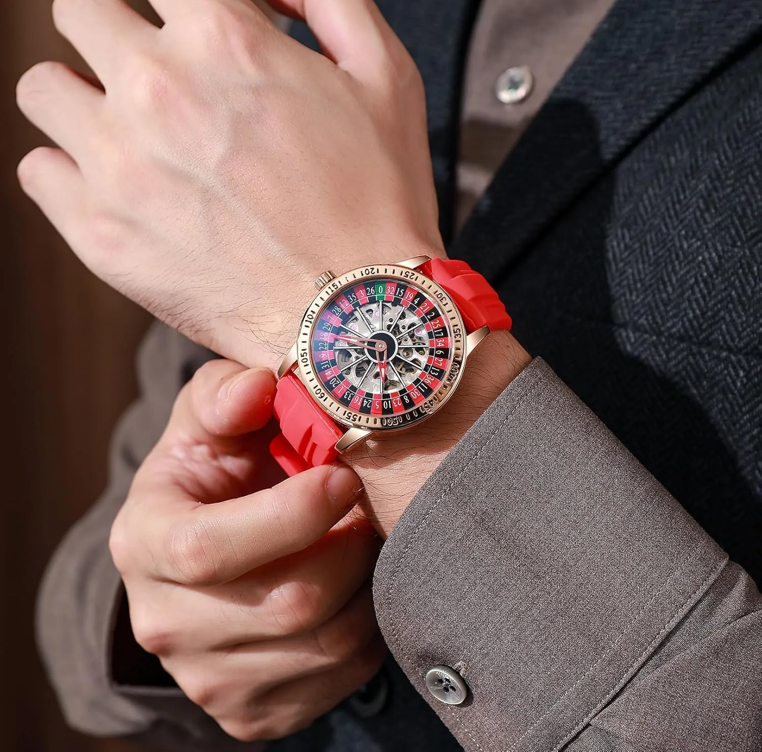 MASTOP Roulette Wheel Mens Watches Automatic Mechanical Watch for Men Swinging Rotary Dial Design Hollow Skeleton Watches Stainless Steel Waterproof Business Wristwatch