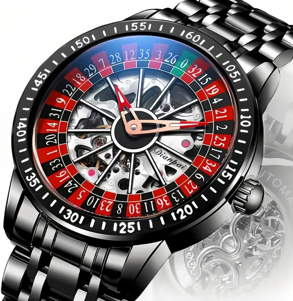 MASTOP Roulette Wheel Mens Watches Automatic Mechanical Watch for Men Swinging Rotary Dial Design Hollow Skeleton Watches Stainless Steel Waterproof Business Wristwatch