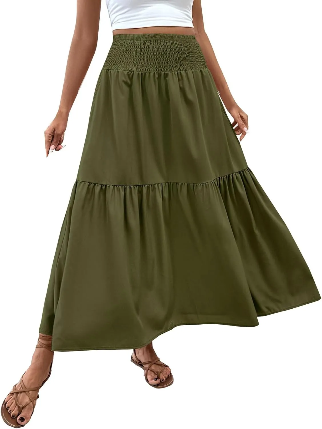 Maxi Skirt for Women Summer Casual Elastic High Waist Pleated A Line Flowy Swing Tiered Beach Vacation Skirts