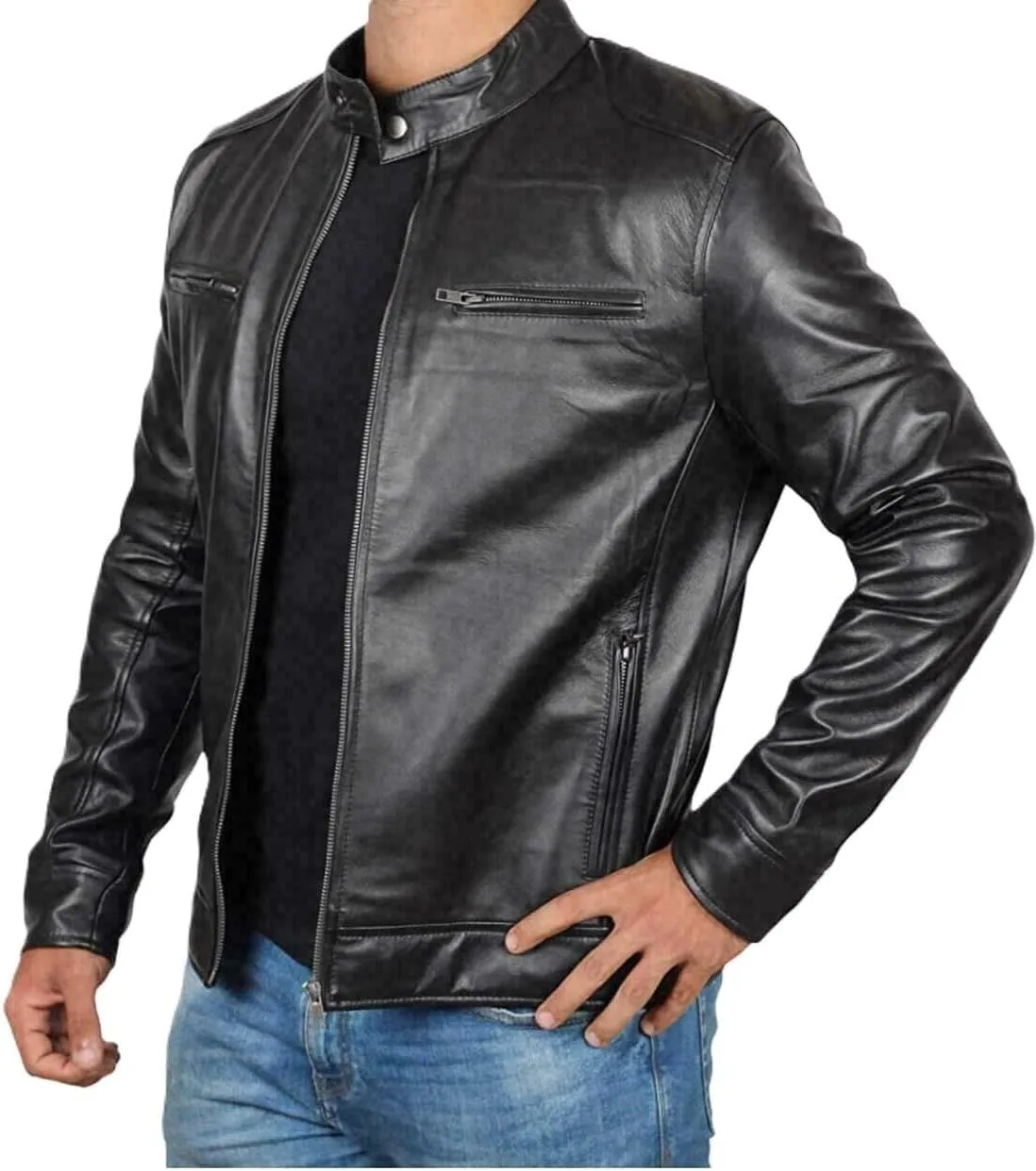Men's Black Leather Jacket - Cafe Racer Style Real Lambskin Leather Jacket