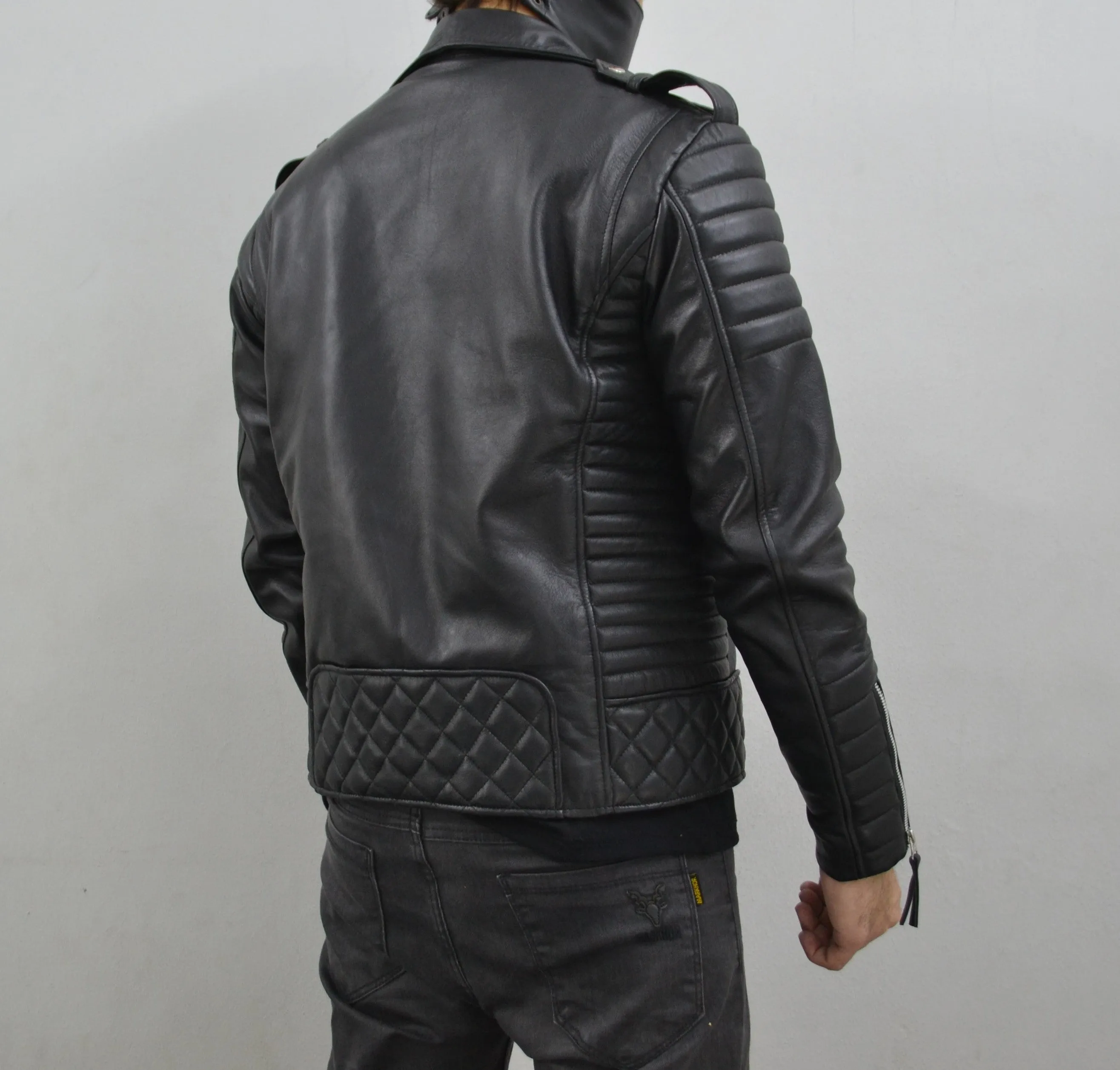 Men's Brando Black Motorcycle Quilted Padded Genuine Leather Biker Jacket