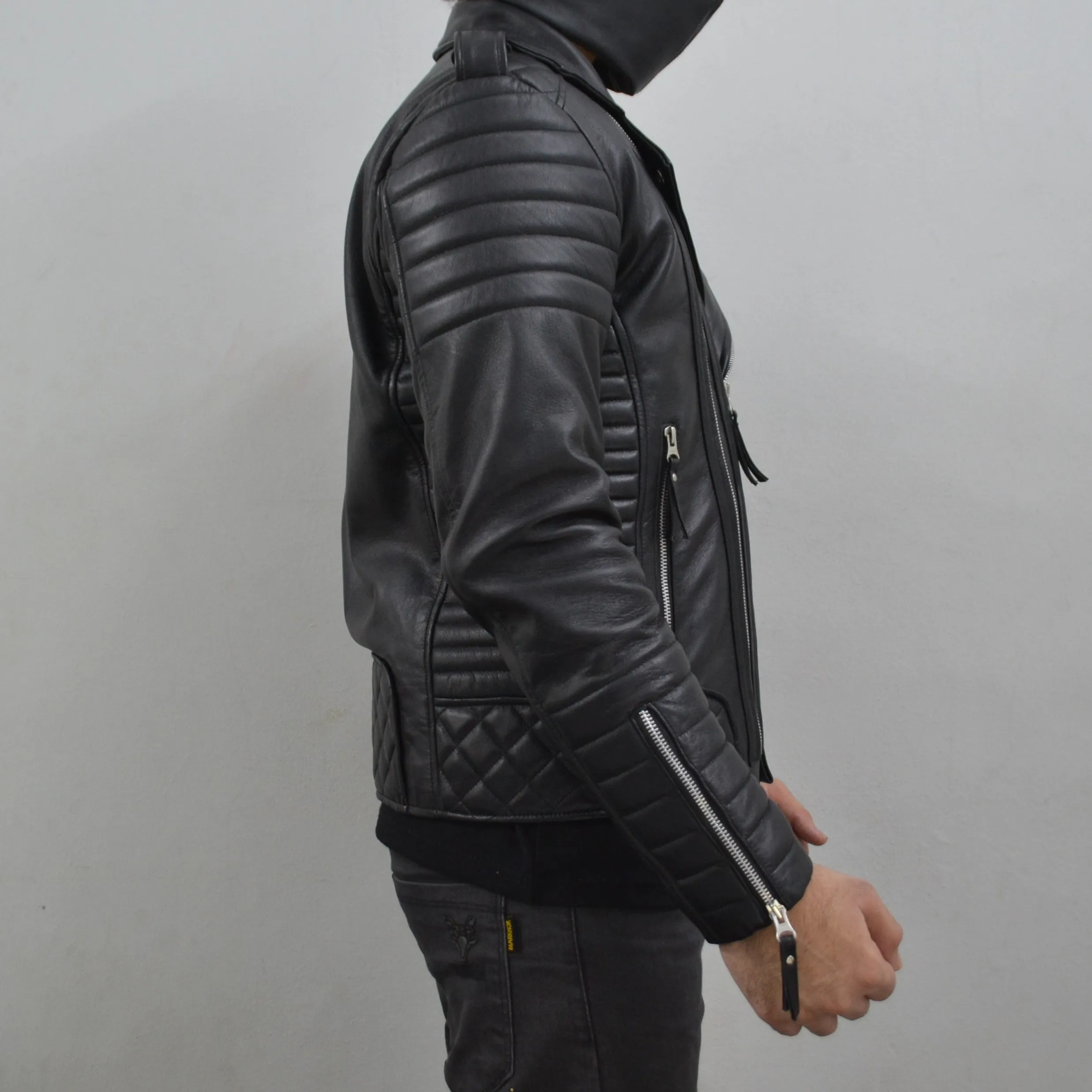 Men's Brando Black Motorcycle Quilted Padded Genuine Leather Biker Jacket