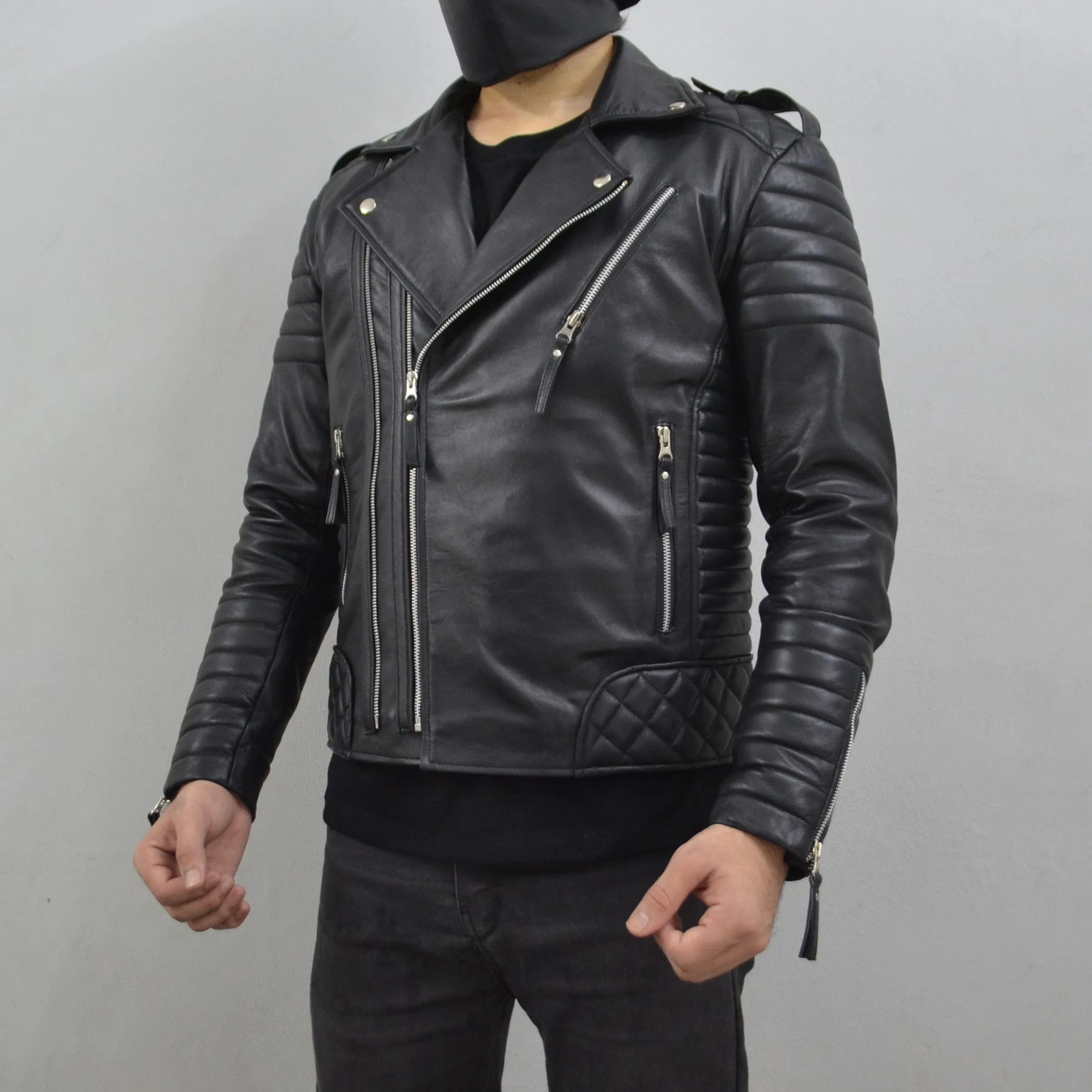 Men's Brando Black Motorcycle Quilted Padded Genuine Leather Biker Jacket