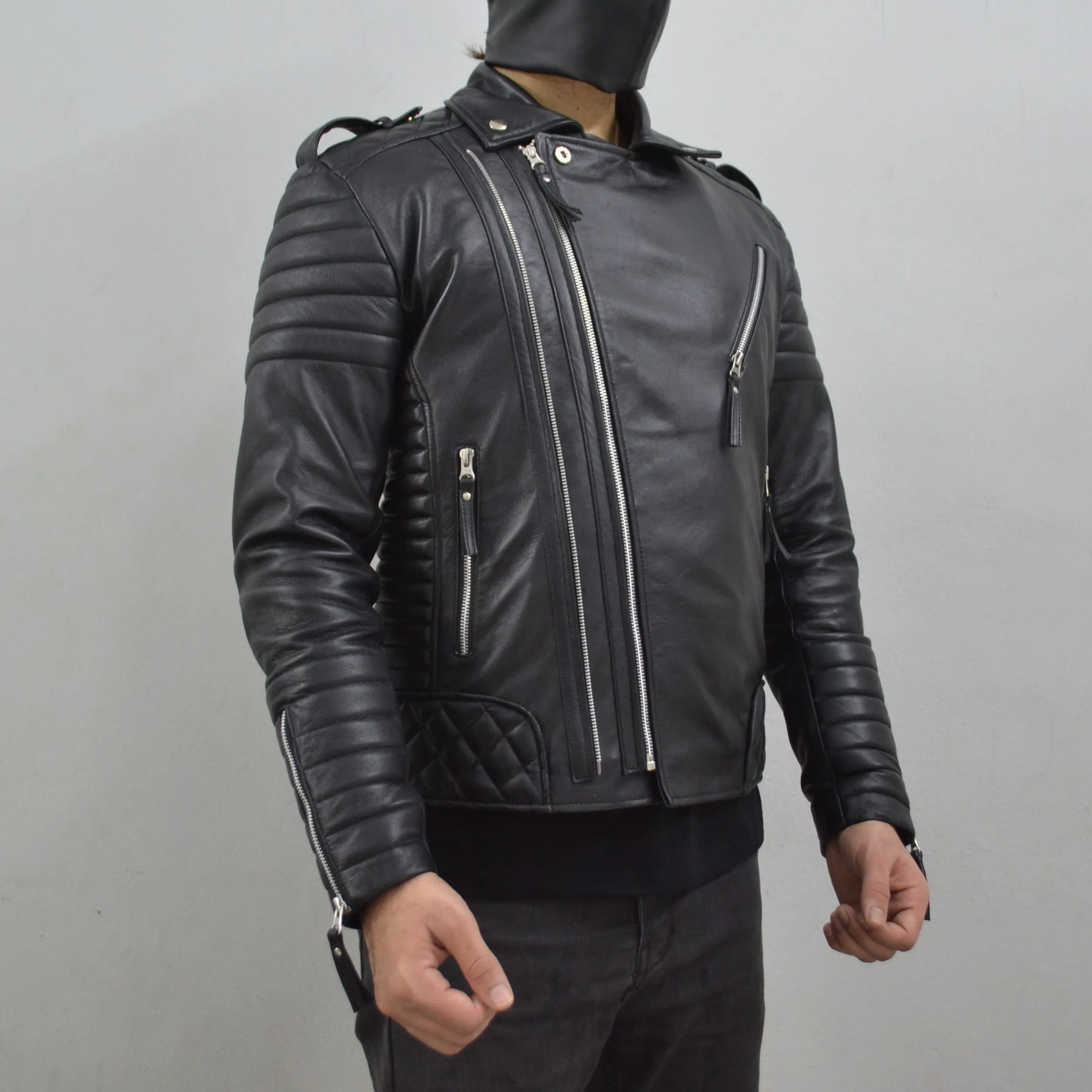 Men's Brando Black Motorcycle Quilted Padded Genuine Leather Biker Jacket