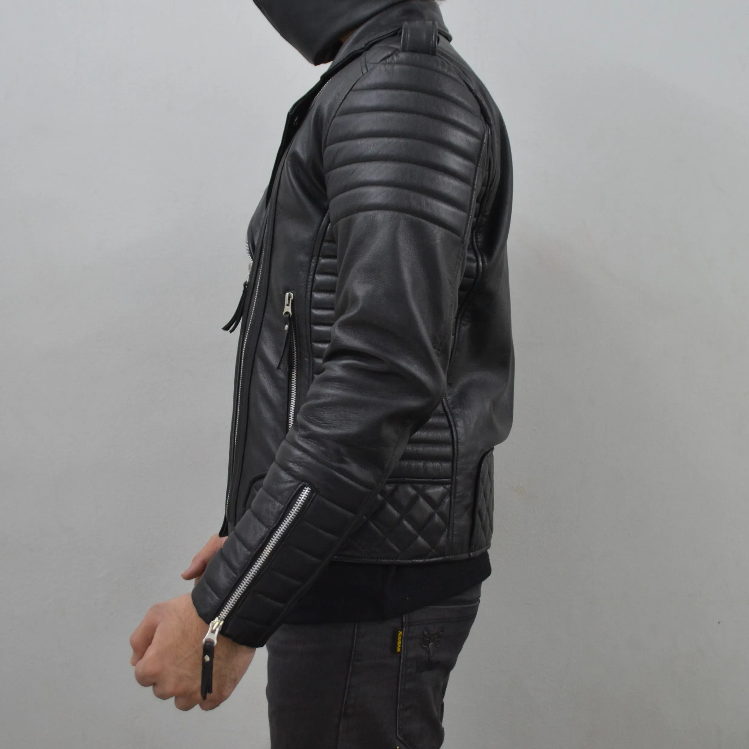 Men's Brando Black Motorcycle Quilted Padded Genuine Leather Biker Jacket