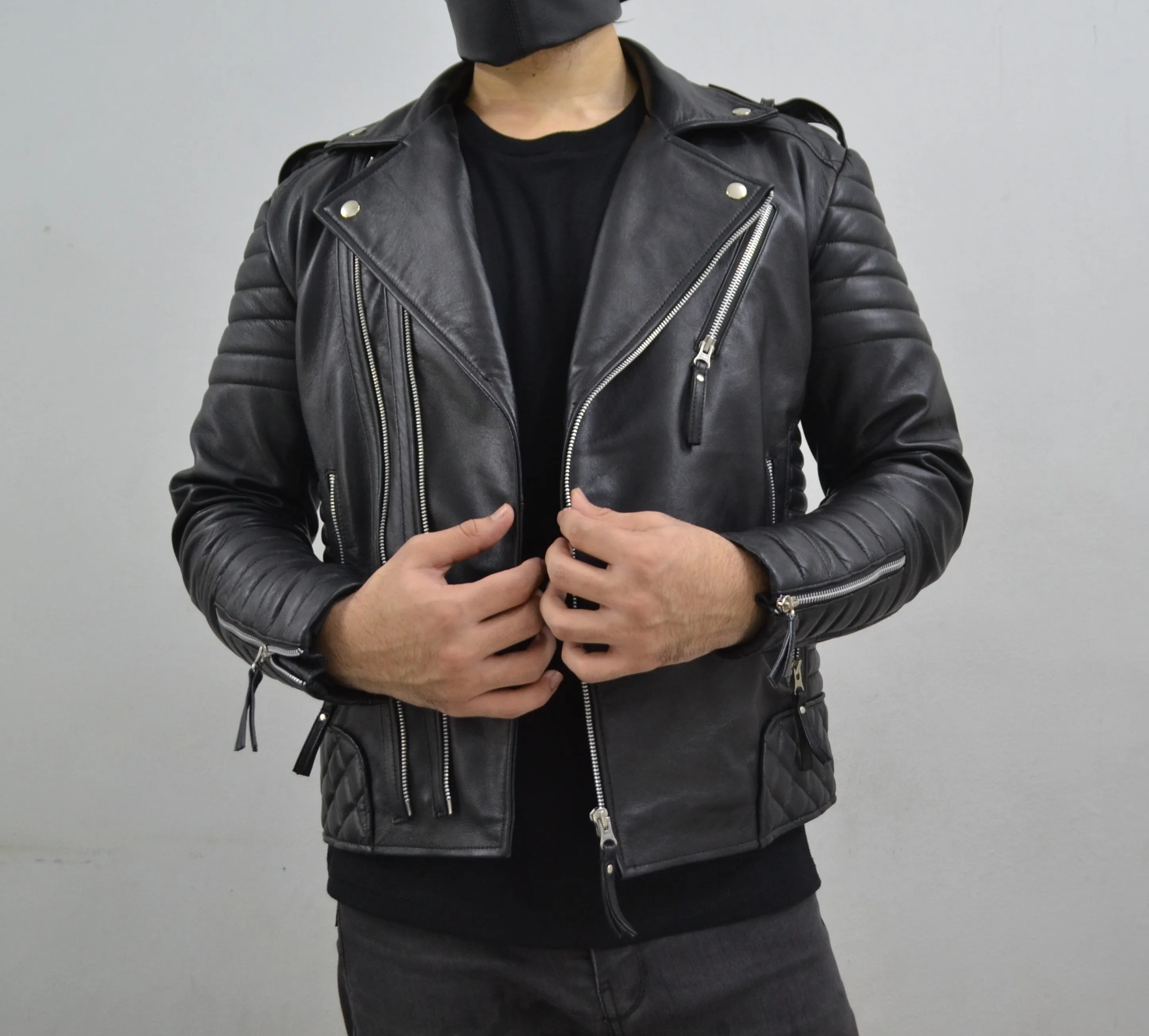 Men's Brando Black Motorcycle Quilted Padded Genuine Leather Biker Jacket