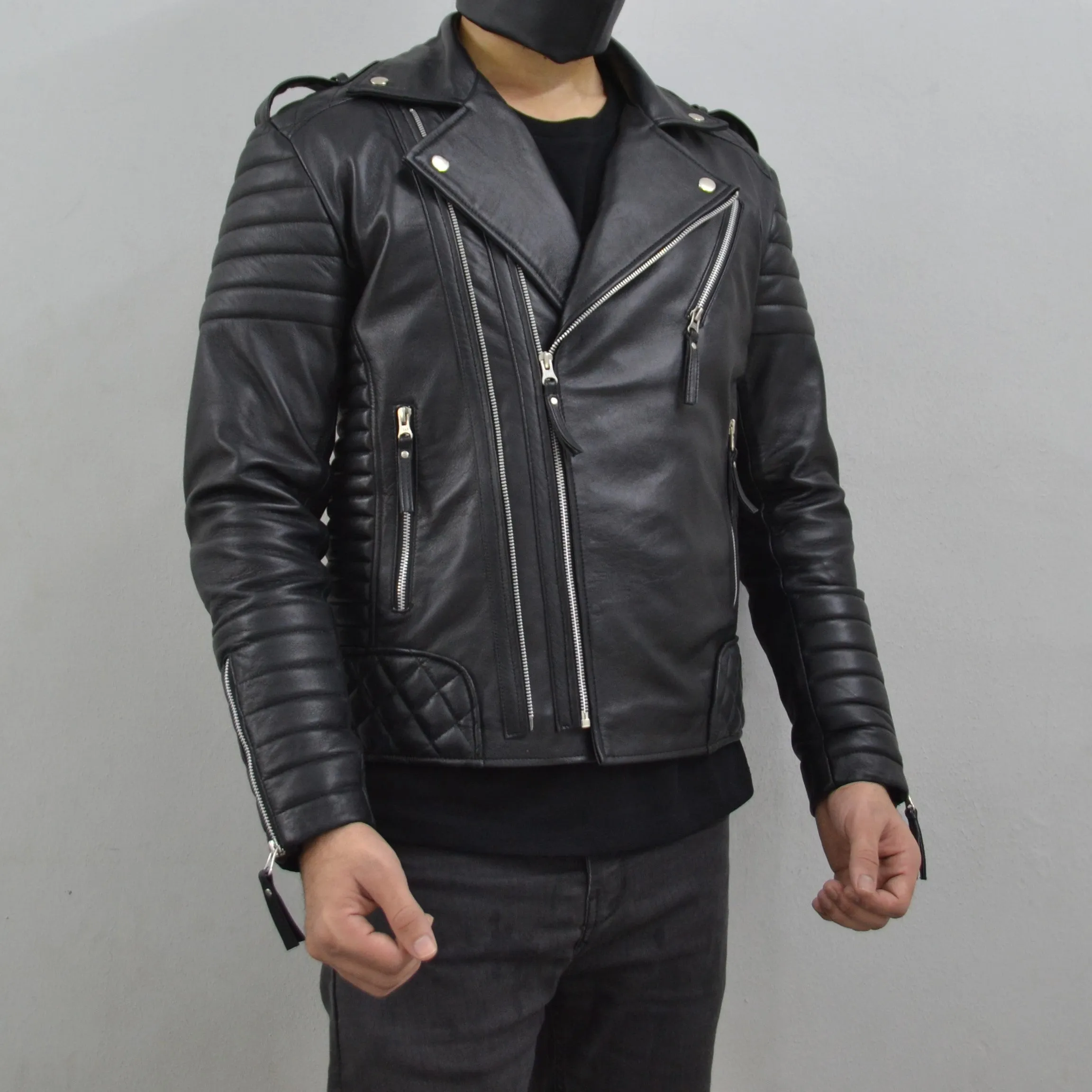 Men's Brando Black Motorcycle Quilted Padded Genuine Leather Biker Jacket