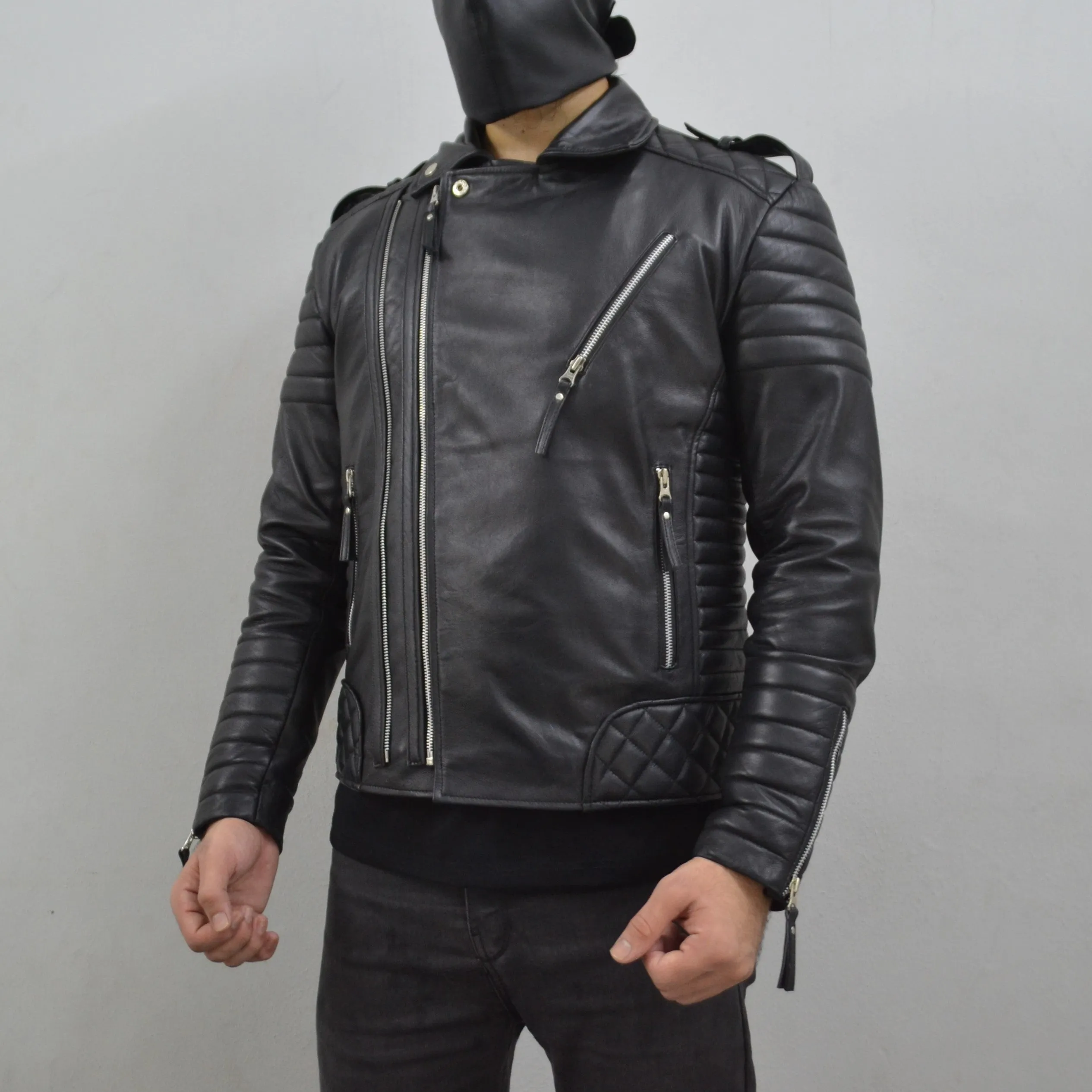 Men's Brando Black Motorcycle Quilted Padded Genuine Leather Biker Jacket