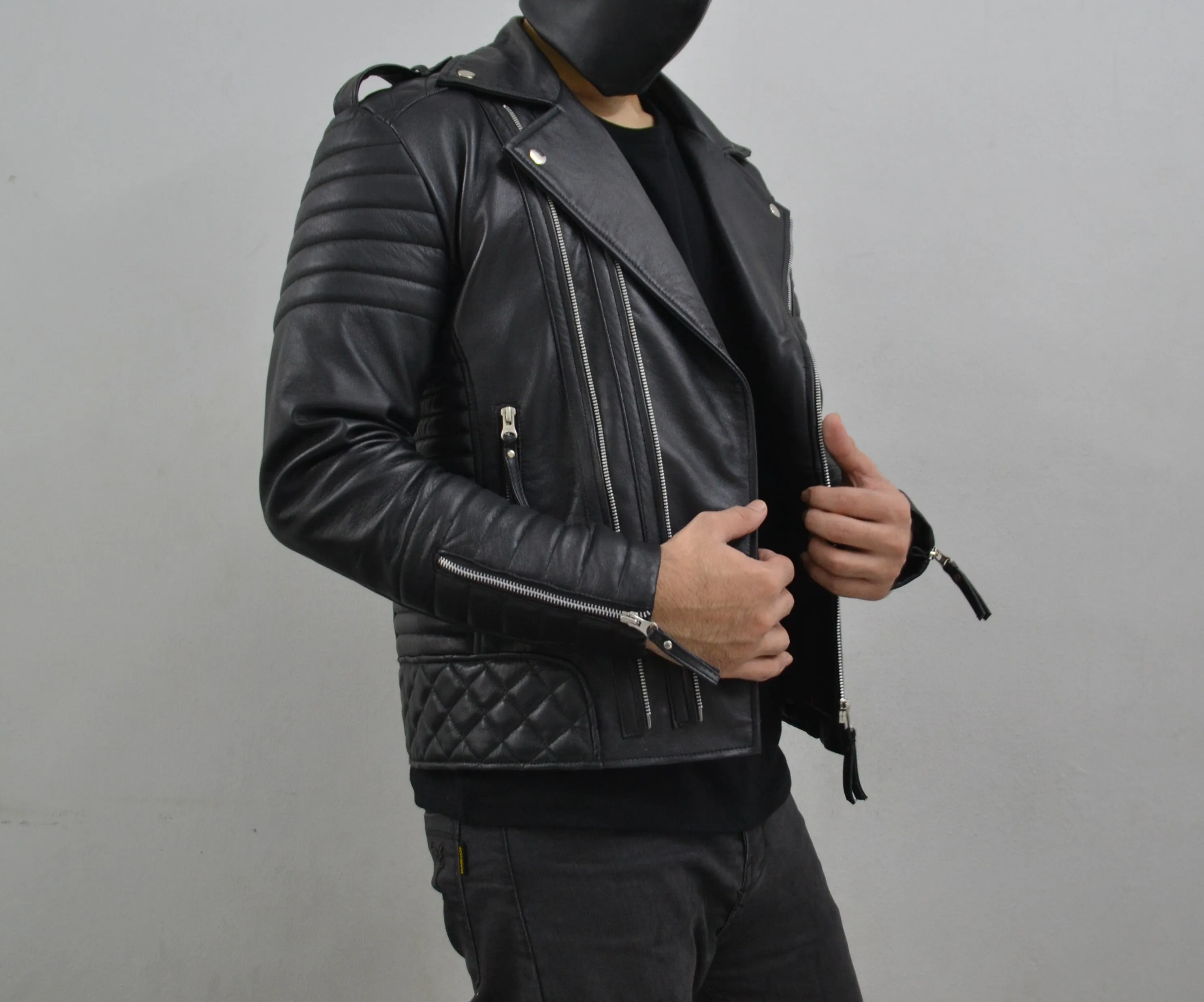 Men's Brando Black Motorcycle Quilted Padded Genuine Leather Biker Jacket