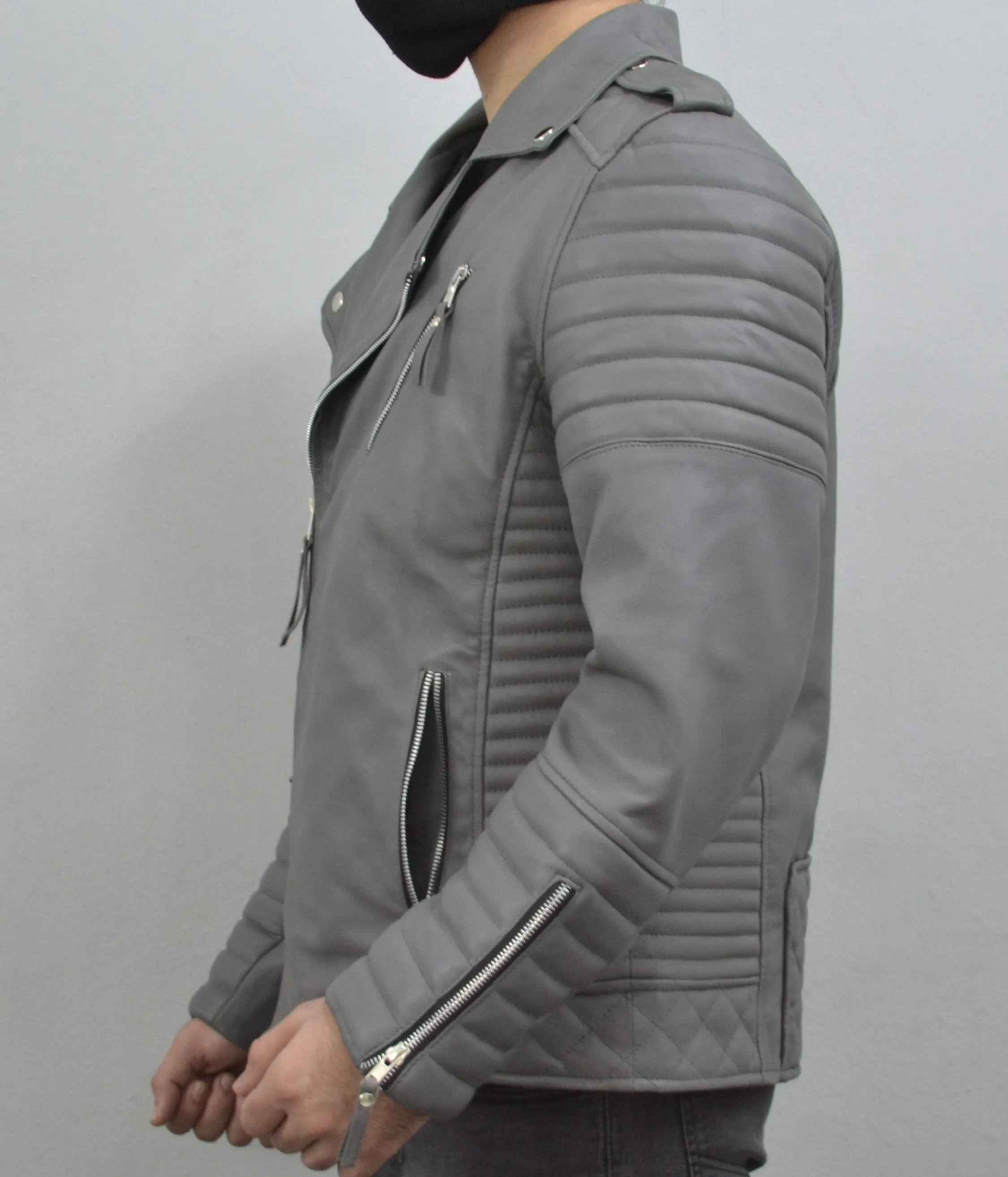Men's Brando Grey Motorcycle Genuine Lambskin Leather Biker Jacket