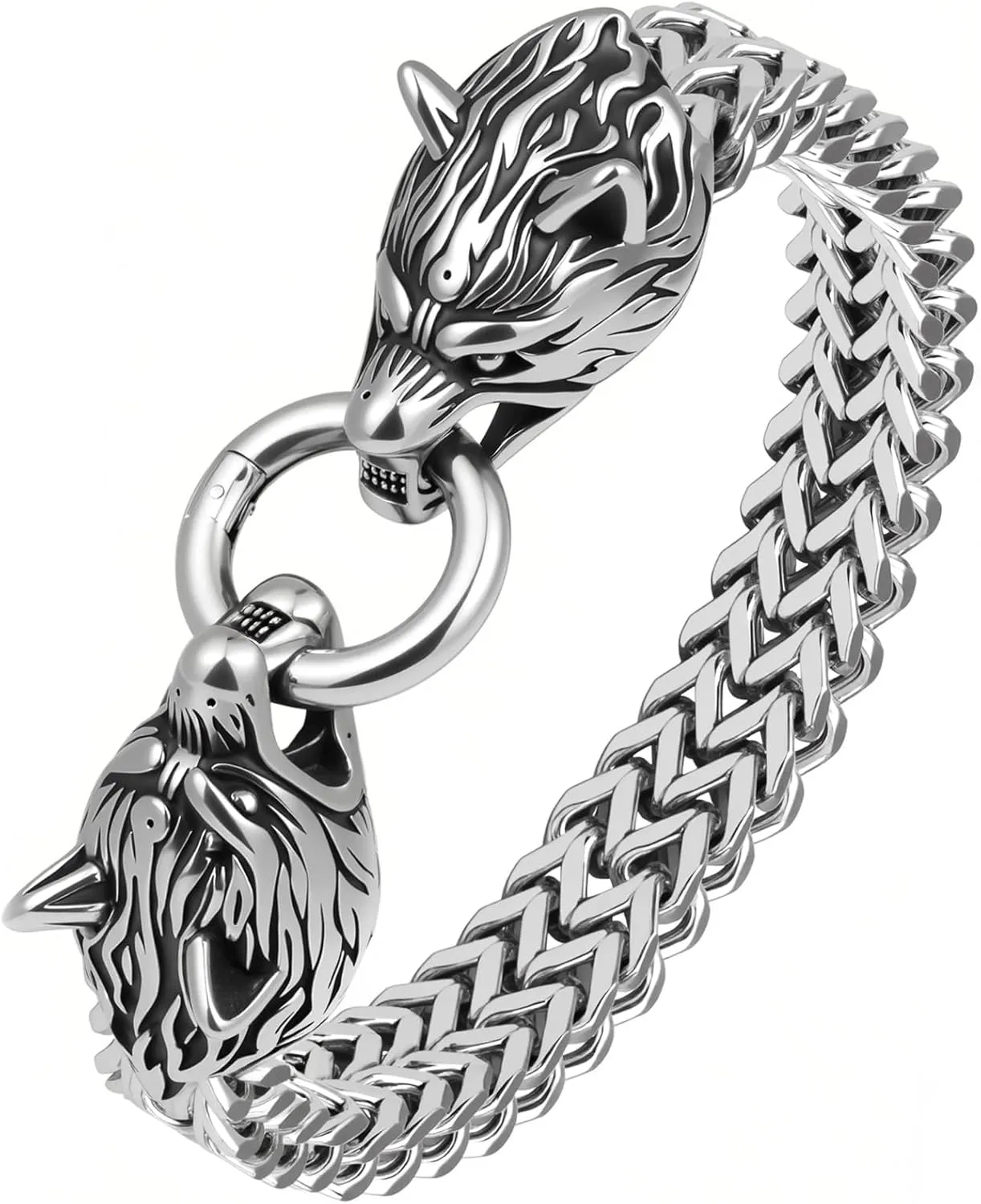 Men's Stainless Steel Mesh Link Chain Bracelet Gothic Wolf Head Animal Design Bracelet with Spring Ring Clasp (Silver) GTS-B1B45701