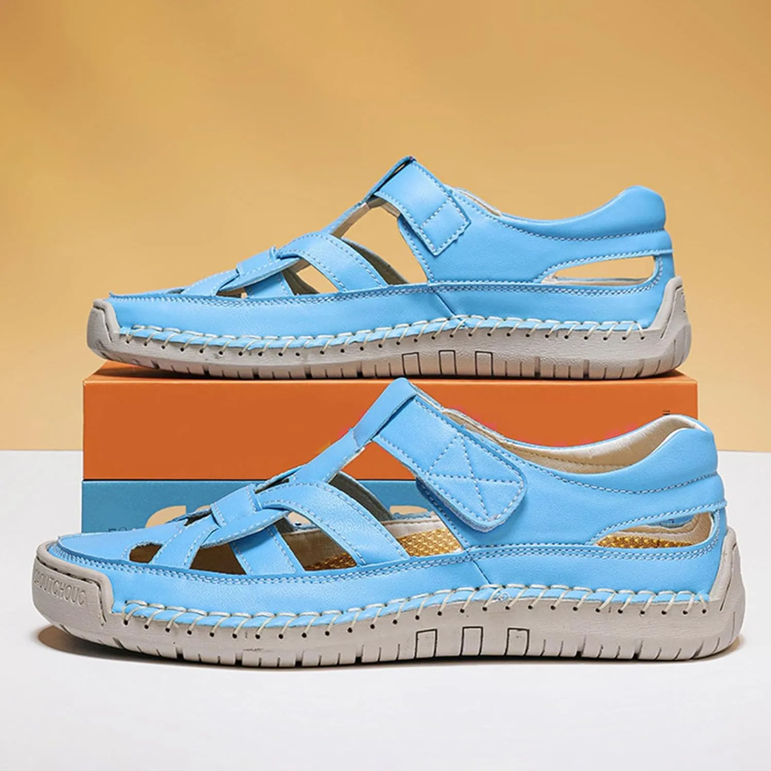Men's Summer Casual Leather Sandals for Outdoor Beach Walking Comfortable Slip-On Low Heel Fisherman Shoes with