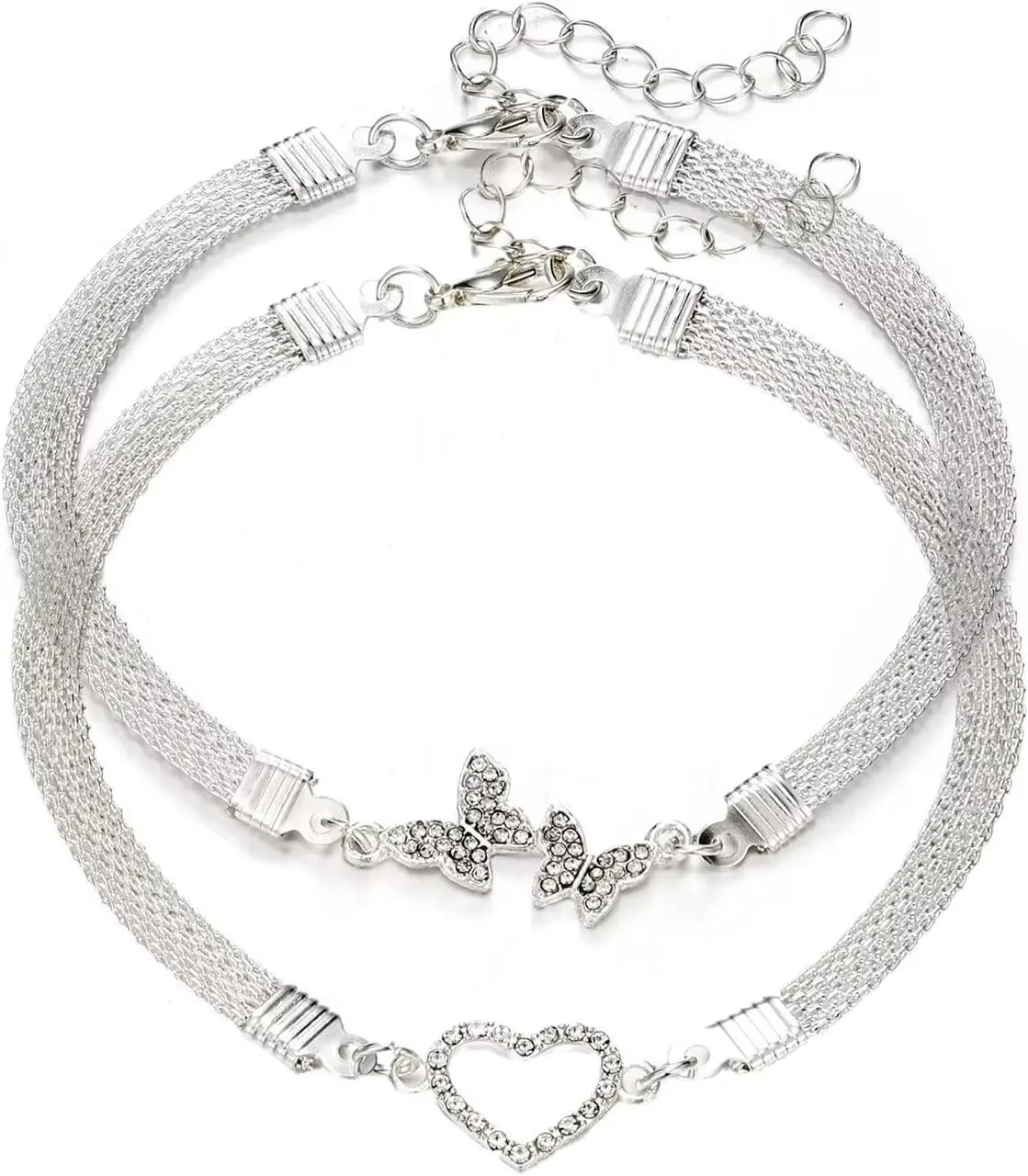 Mesh Link Bracelet Set Rhinestone Butterfly Heart Charm Anklet Bracelet for Women Adjustable Silver Plated Bracelet Beach Jewelry Gift for Women