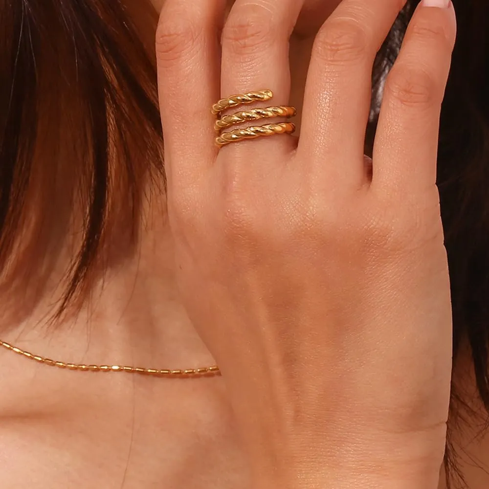 Minimalist Geometry Triple Layers Wrap Adjustable Band Rings for Women Stainless Steel Textured Twist Open Statement Finger Band Stacking Rings Dainty Jewelry