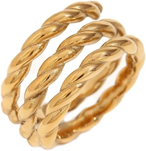 Minimalist Geometry Triple Layers Wrap Adjustable Band Rings for Women Stainless Steel Textured Twist Open Statement Finger Band Stacking Rings Dainty Jewelry