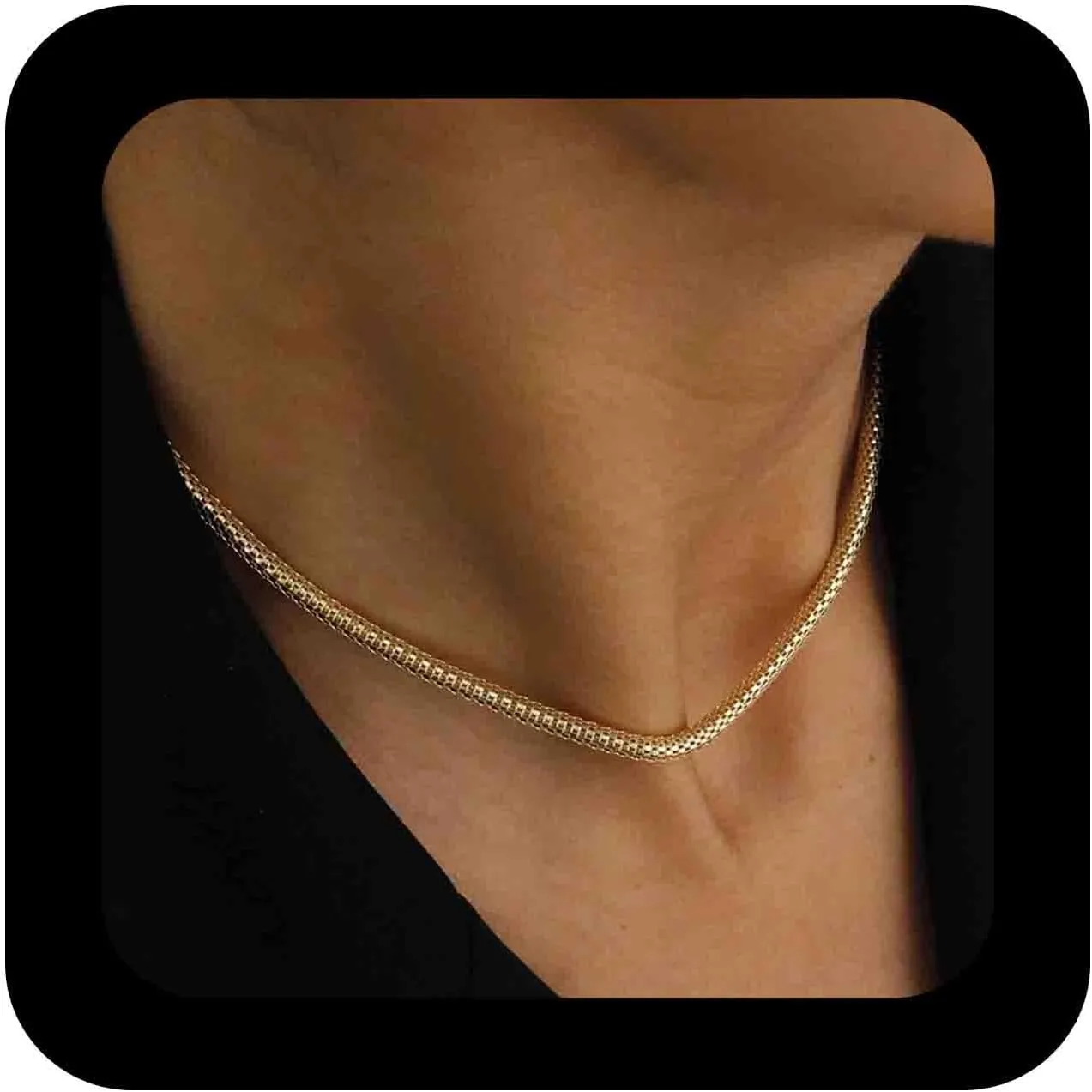 Minimalist Metal Mesh Chain Necklace Round Snake Gold Necklace Gold Finish Mesh Necklace Simple Mesh Link Chain Necklace Round Short Chain Necklace Jewelry for Women and Men